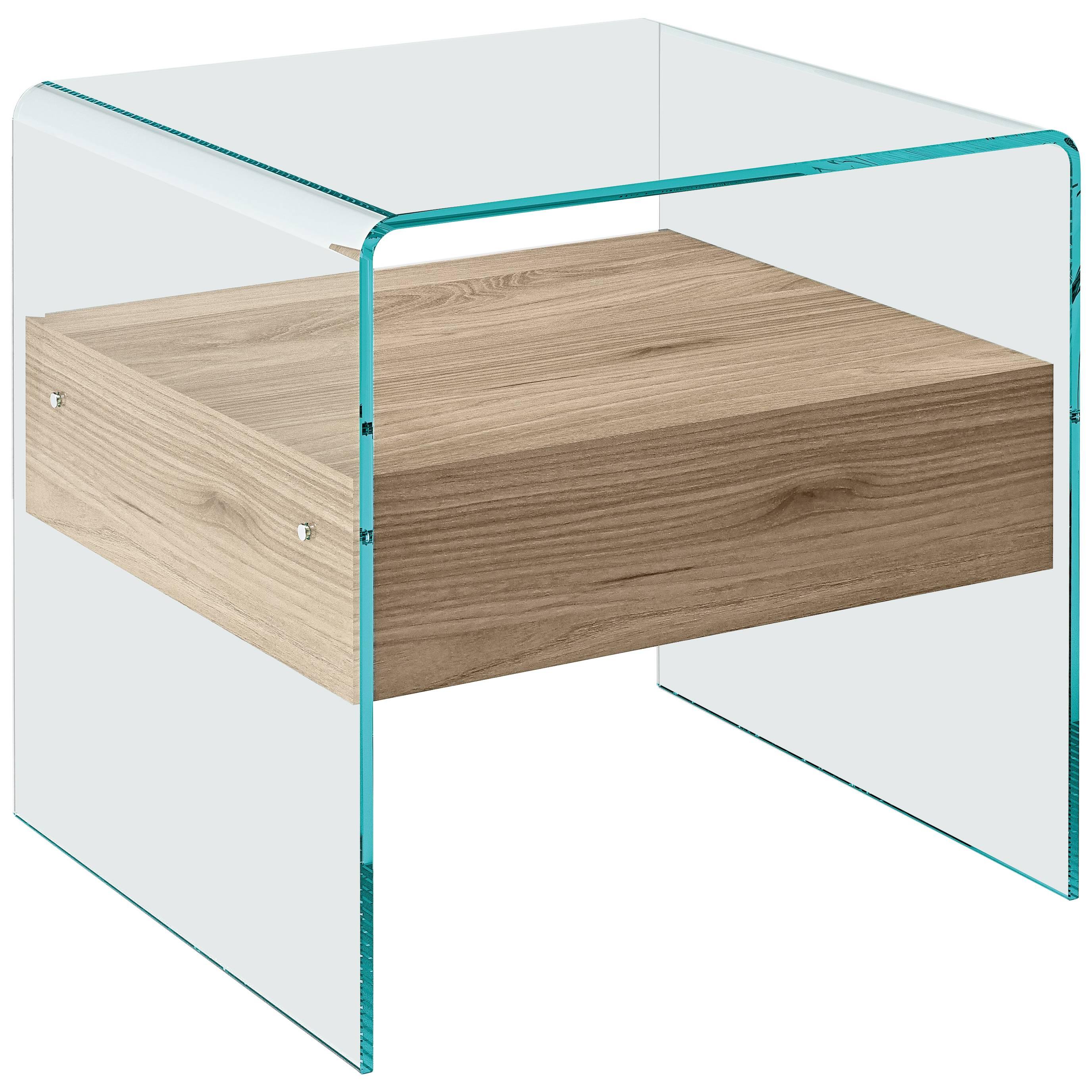 Rialto Glass Side Table with Elm Wood Drawer by CRS Fiam for Fiam For Sale
