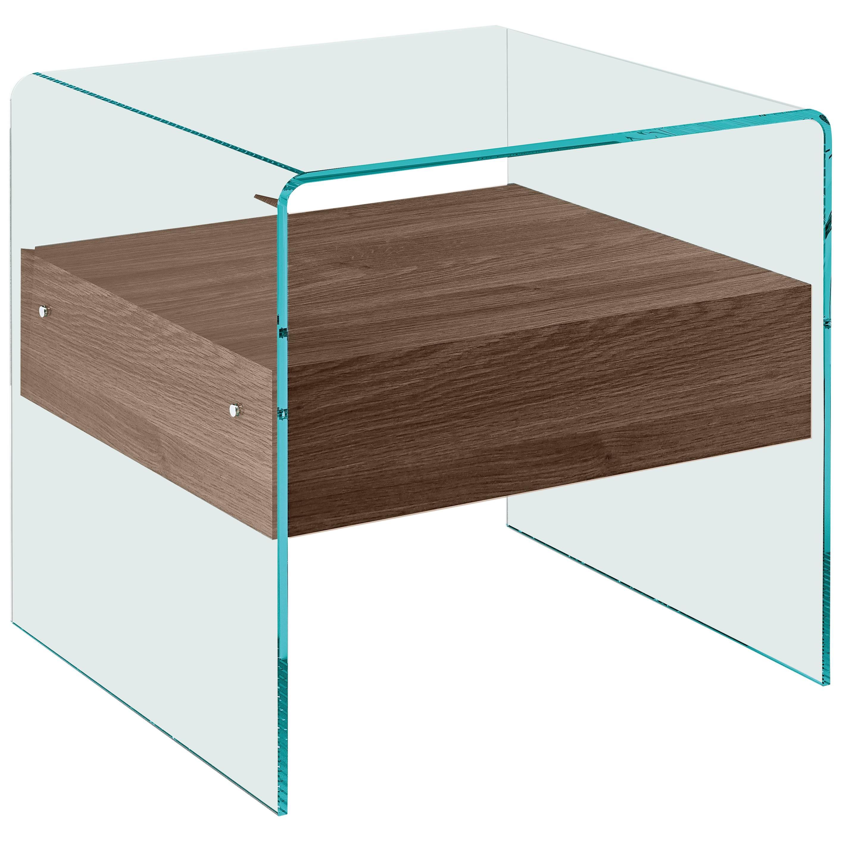 Rialto Glass Side Table with Tobacco Oak Drawer by CRS Fiam for Fiam For Sale
