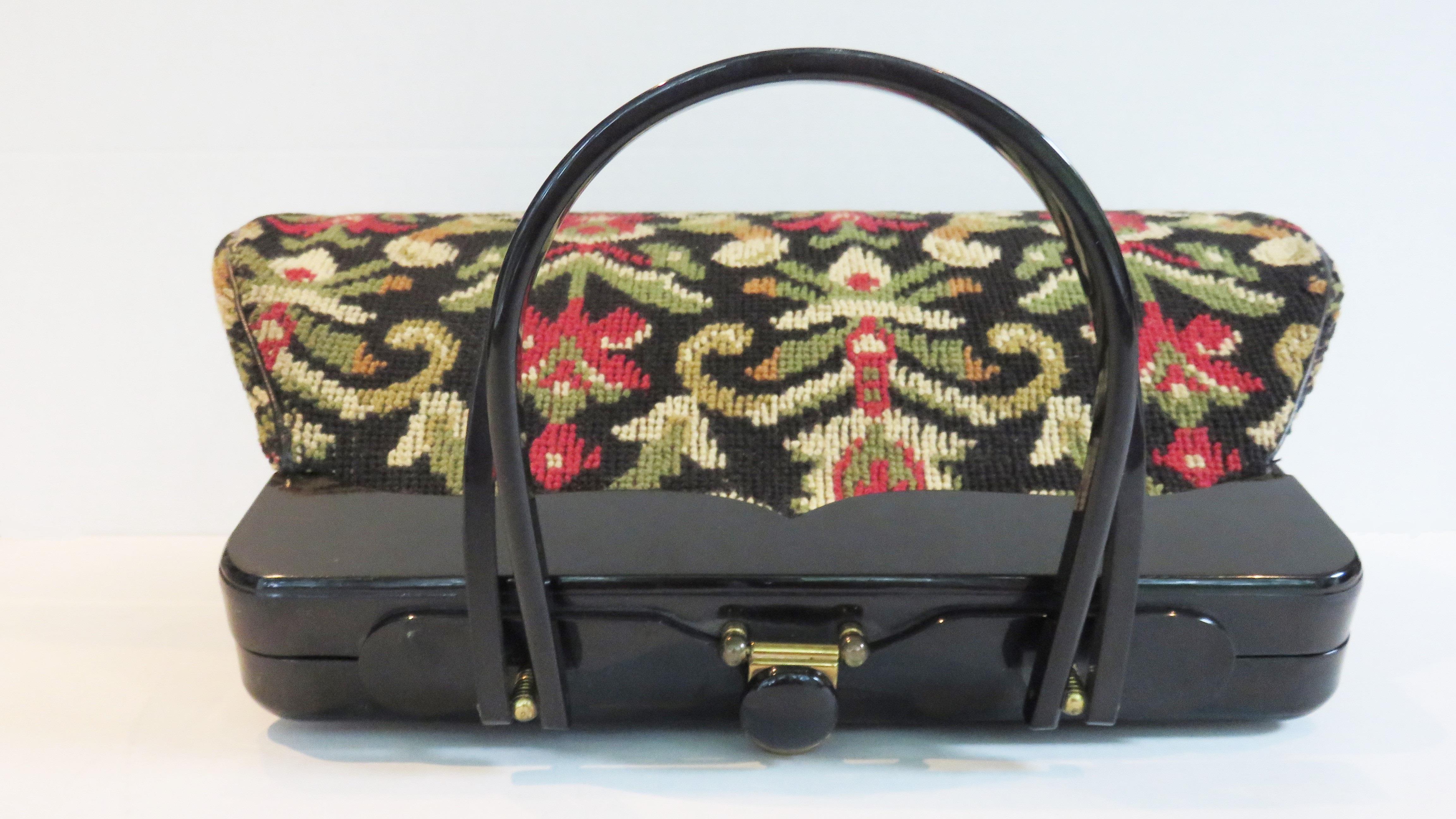 Black Rialto Large Needlepoint Handbag 1960s For Sale