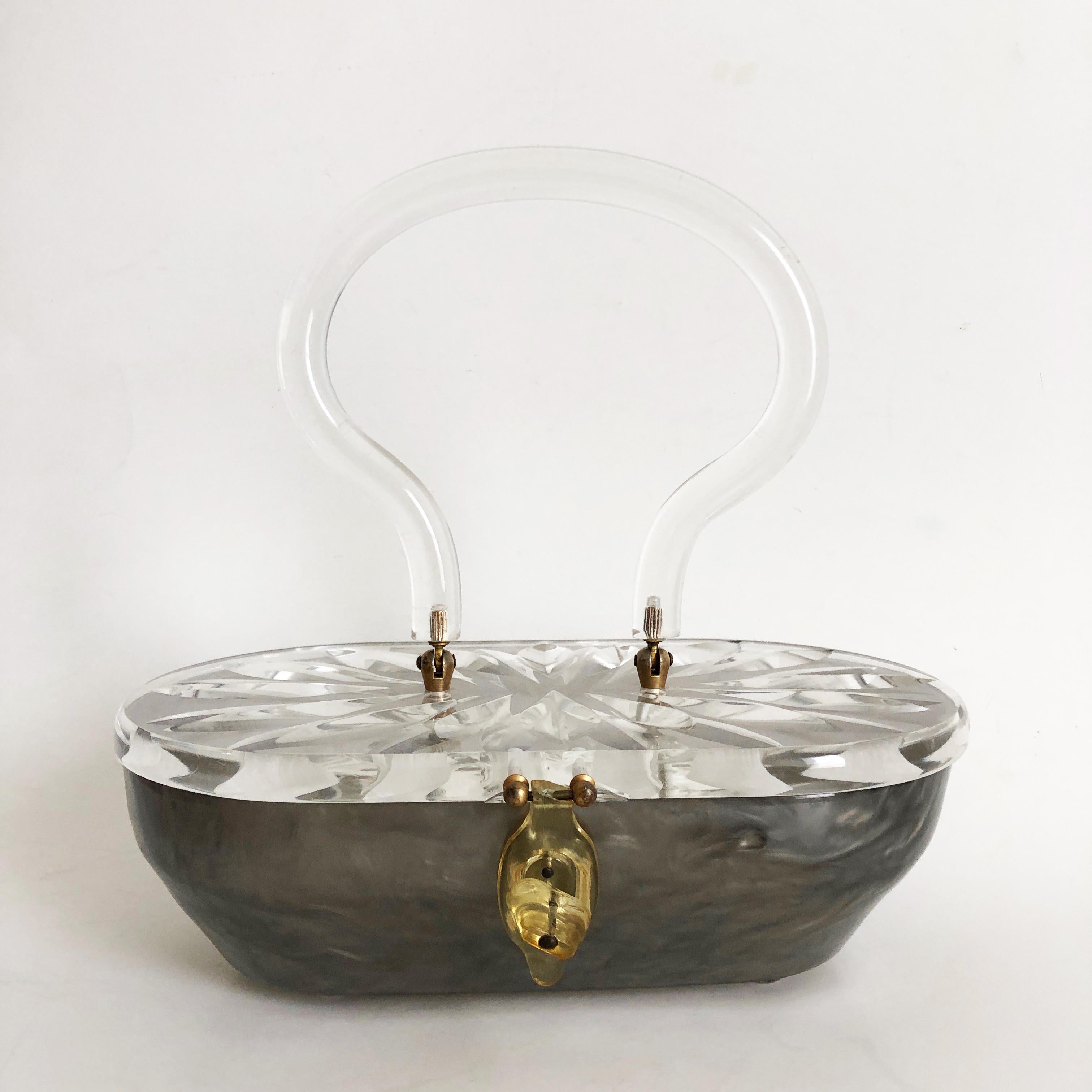 Gray Rialto New York Lucite Handbag Unique Top Handle Bag 1950s