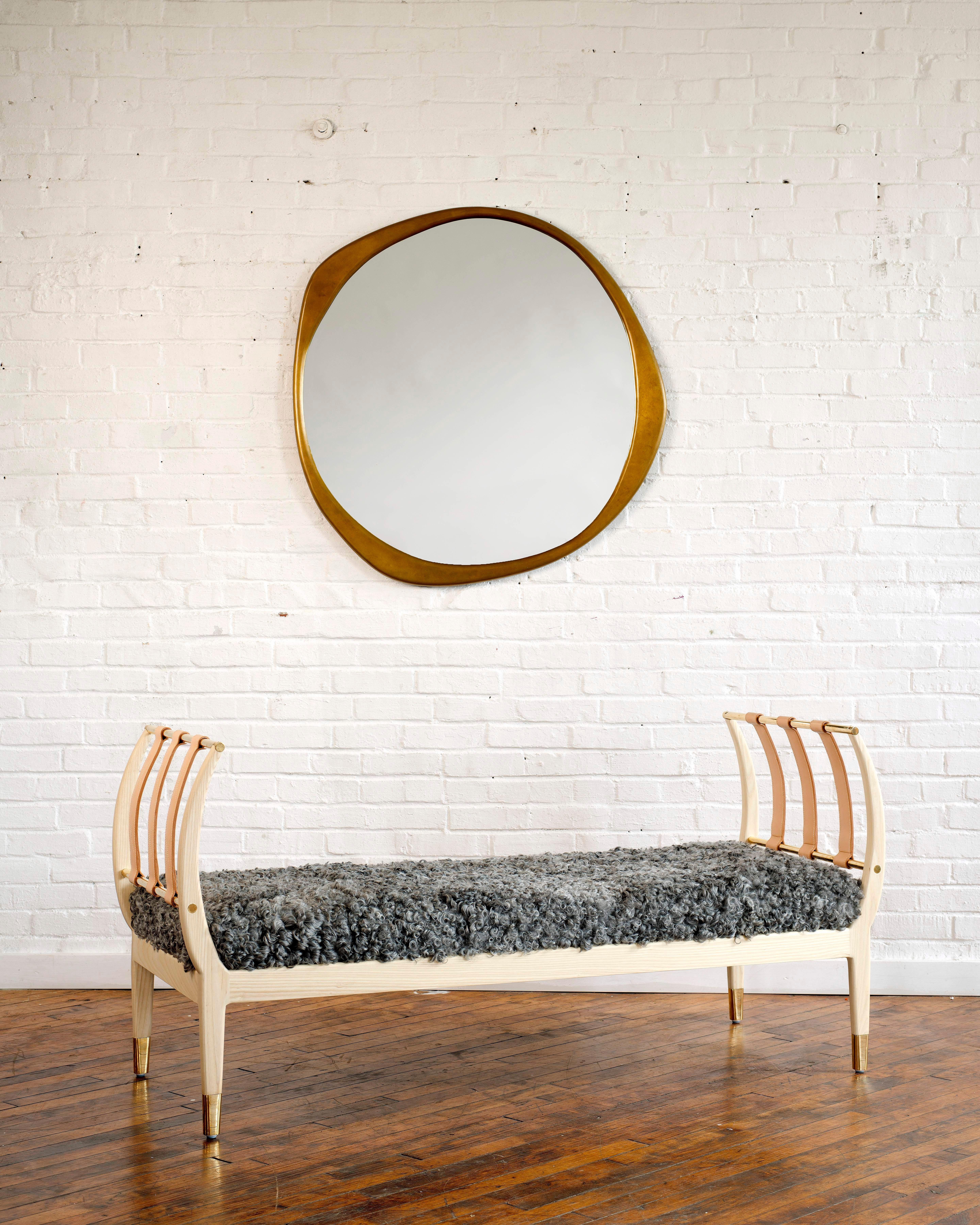 Bleached Konekt Rib Bench with Wood, Leather, Polished Brass and COM For Sale