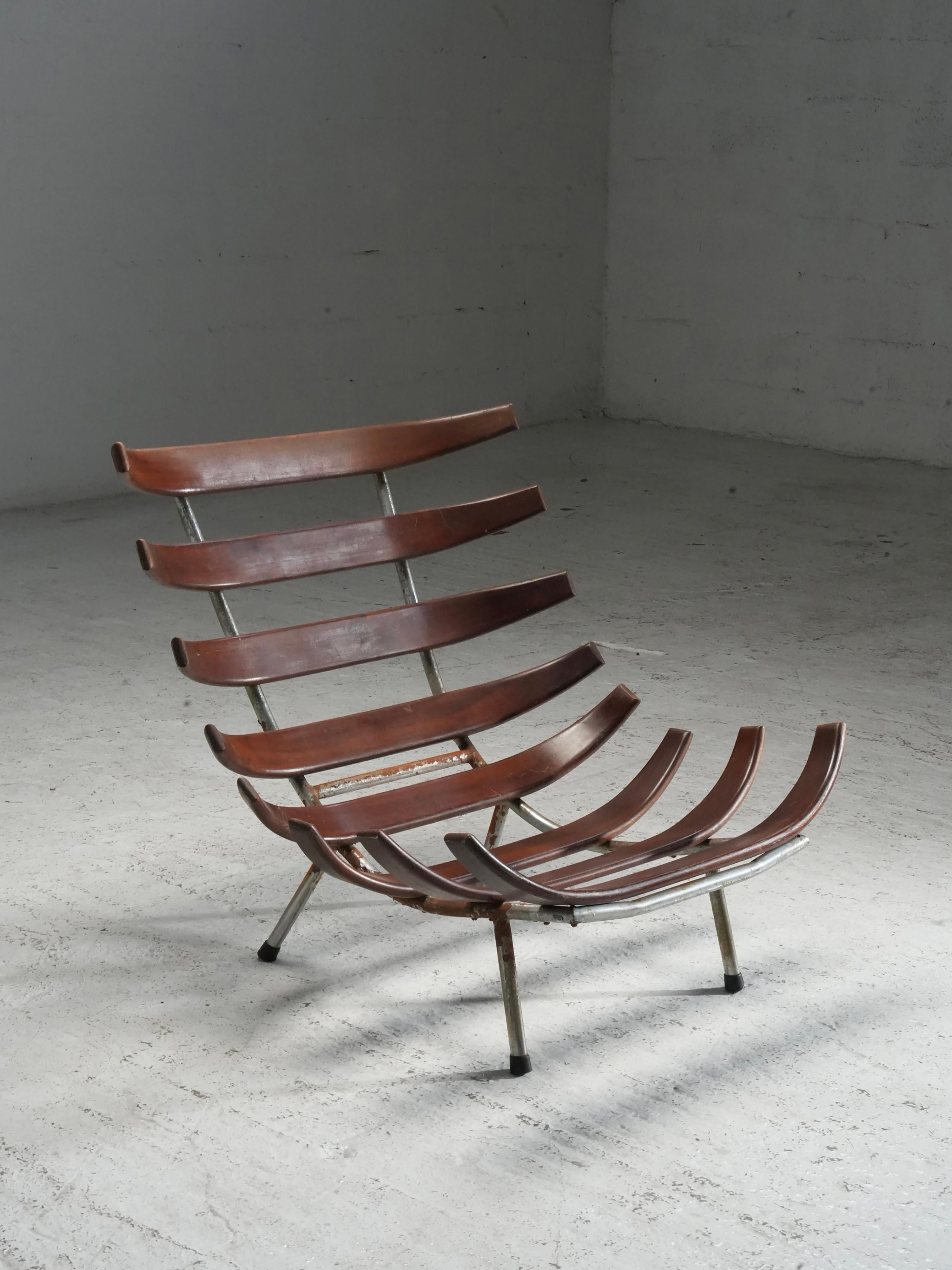 Brazilian Rib Chair in Teak and Metal, Brazil, 1950's For Sale