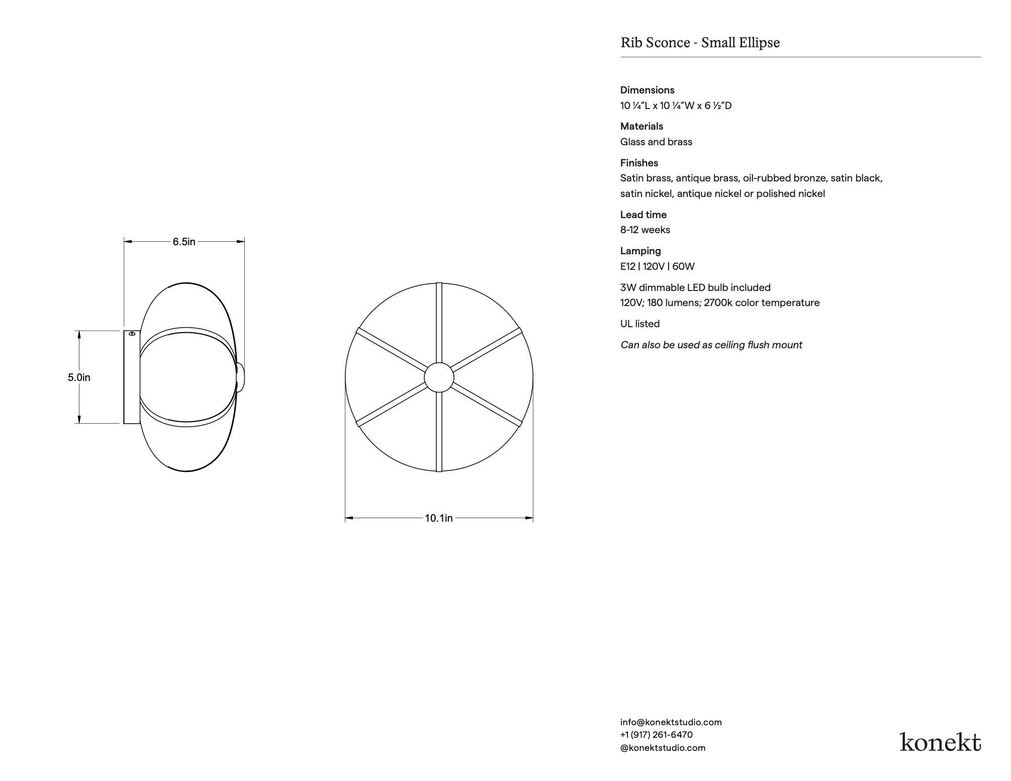 Rib Sconce - Small Ellipse in Satin Nickel For Sale 2