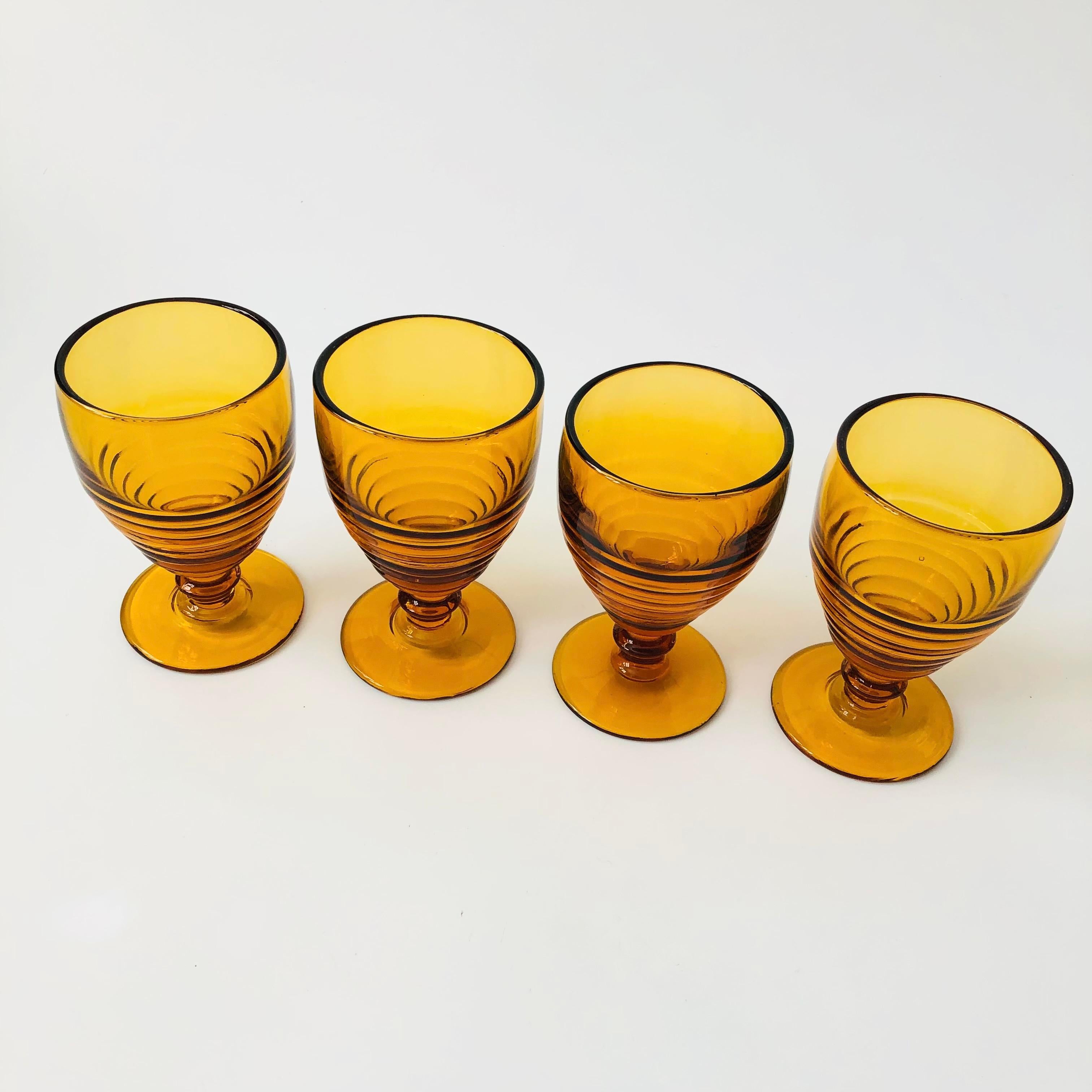 Art Deco Ribbed Amber Wine Goblets - Set of 4