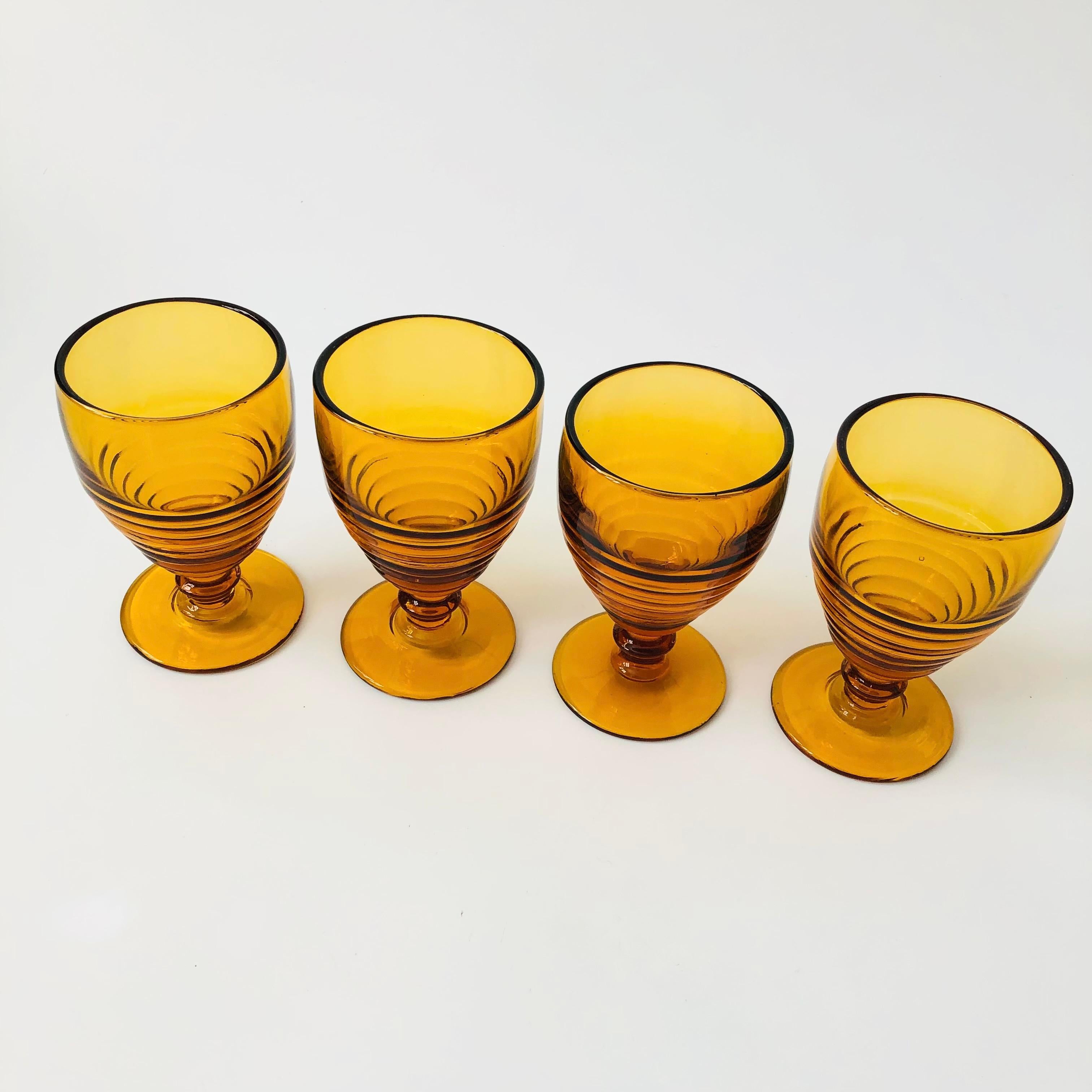 Art Deco Ribbed Amber Wine Goblets - Set of 4 For Sale