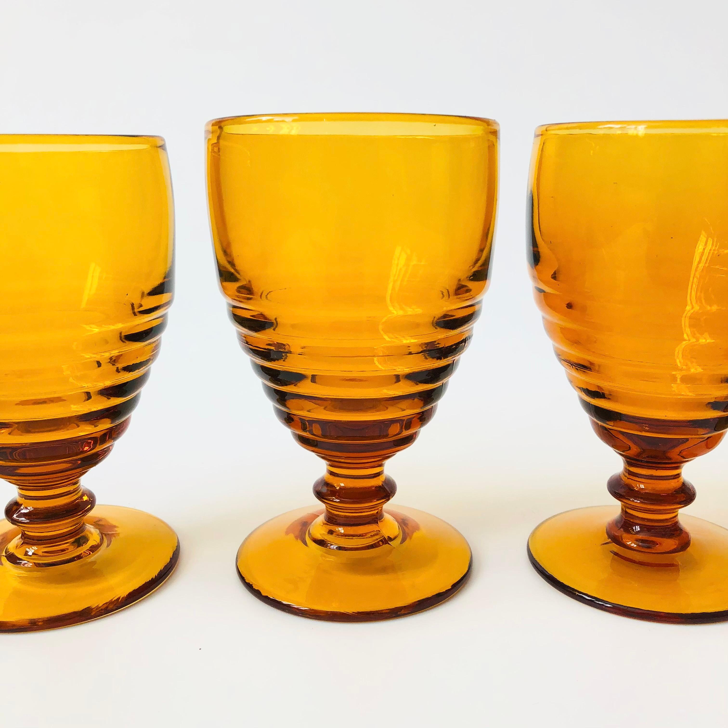 American Ribbed Amber Wine Goblets - Set of 4 For Sale