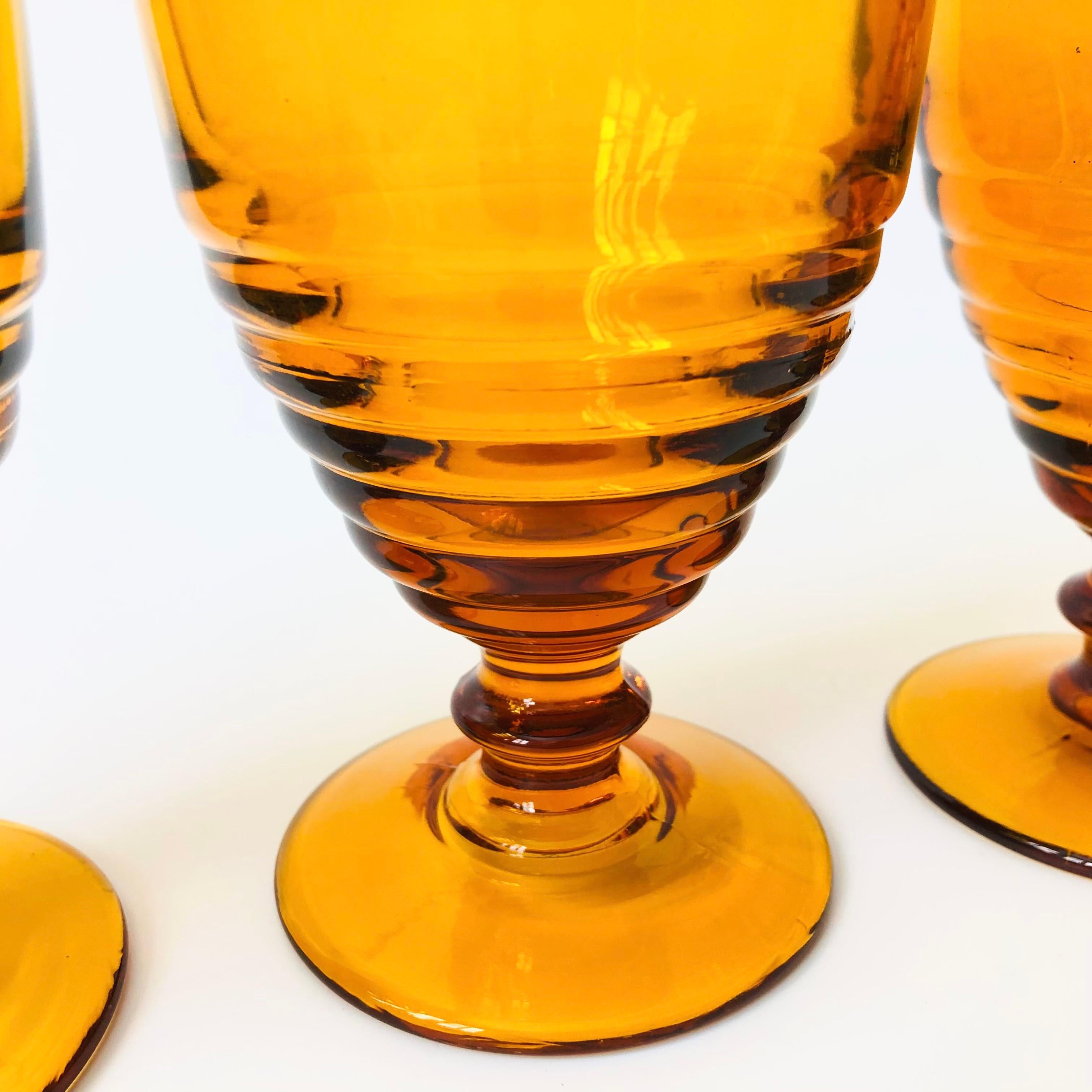 20th Century Ribbed Amber Wine Goblets - Set of 4 For Sale