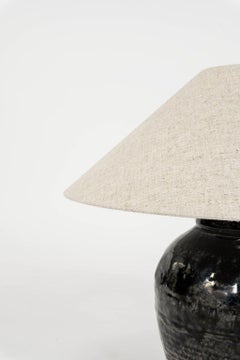 Ribbed Black Glazed Table Lamp with Linen Shade