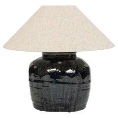 Ribbed Black Glazed Table Lamp with Linen Shade