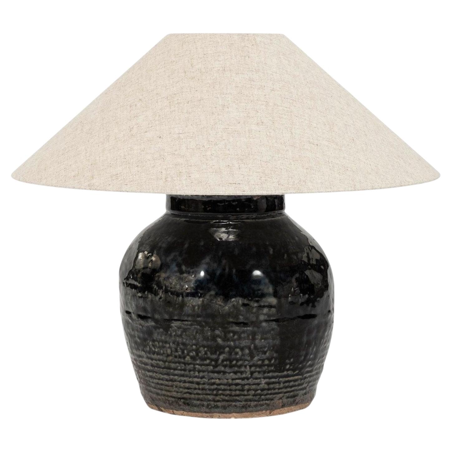 Ribbed Black Glazed Table Lamp with Linen Shade