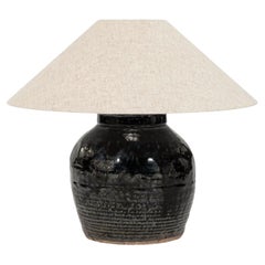 Ribbed Black Glazed Table Lamp with Linen Shade