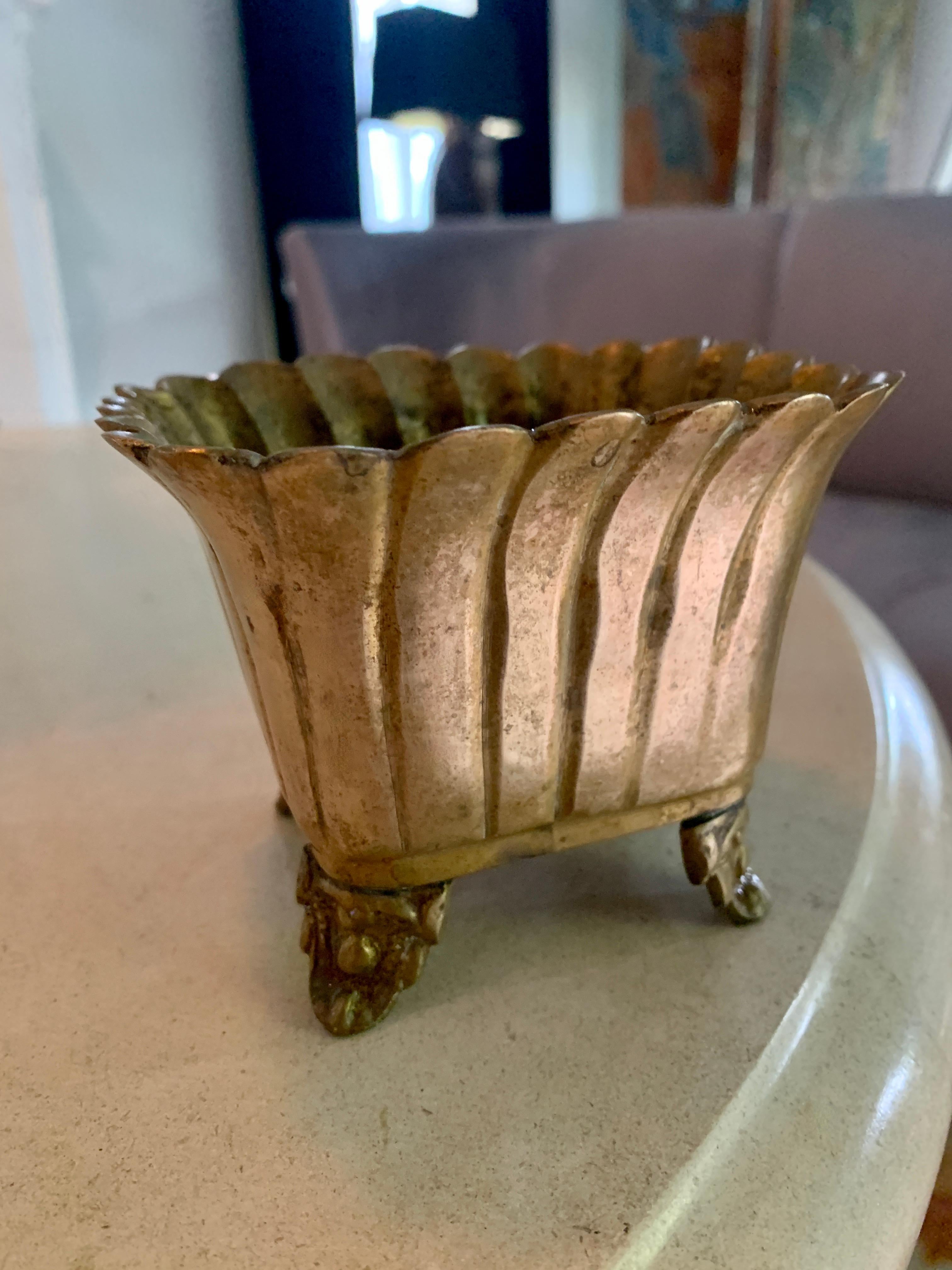 Ribbed Brass Footed Planter In Good Condition In Los Angeles, CA