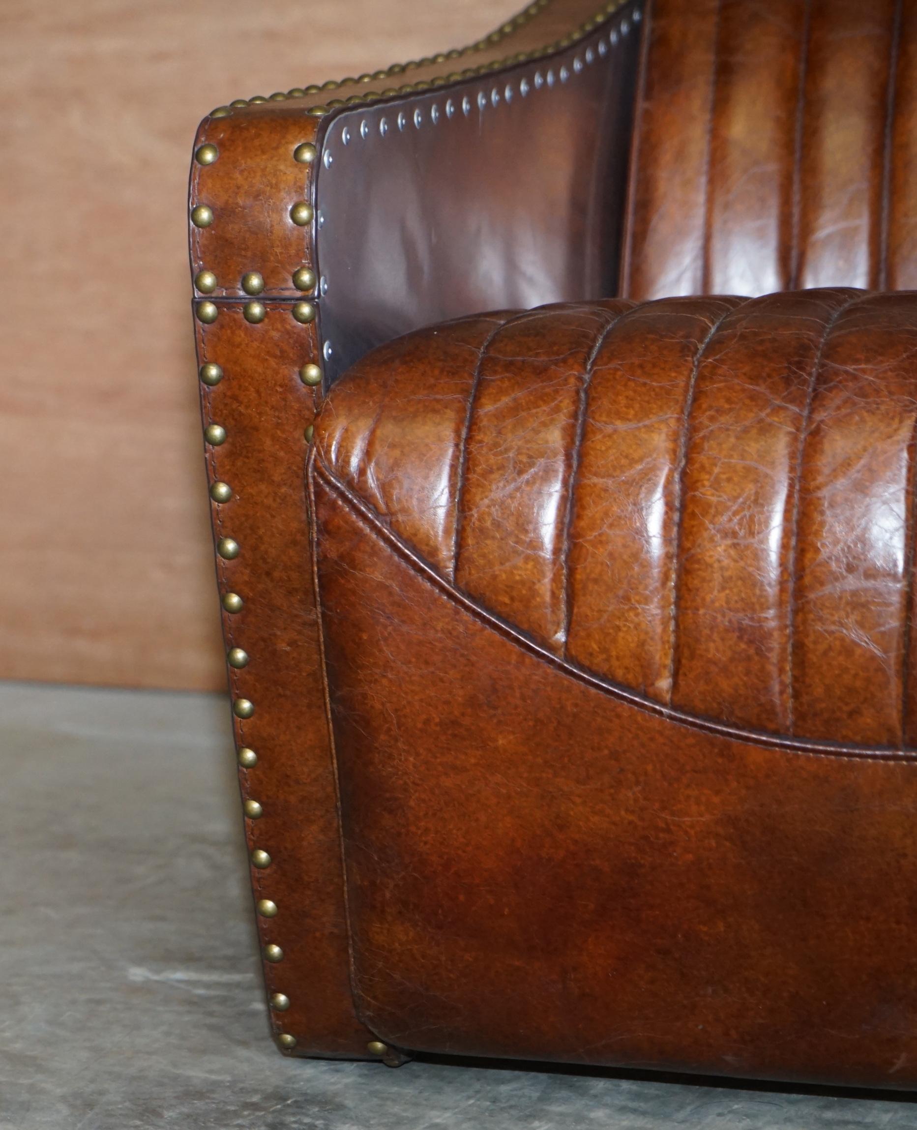 Hand-Crafted Ribbed Brown Leather Aviator Armchair Aluminium Studded with Adjustable Headrest
