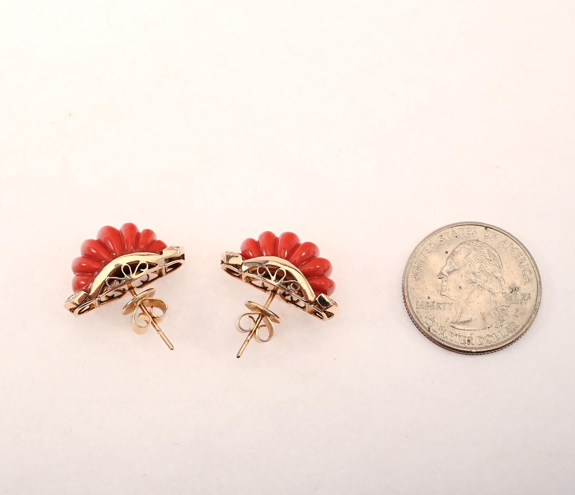 Cabochon Ribbed Coral Half Hoop Earrings For Sale
