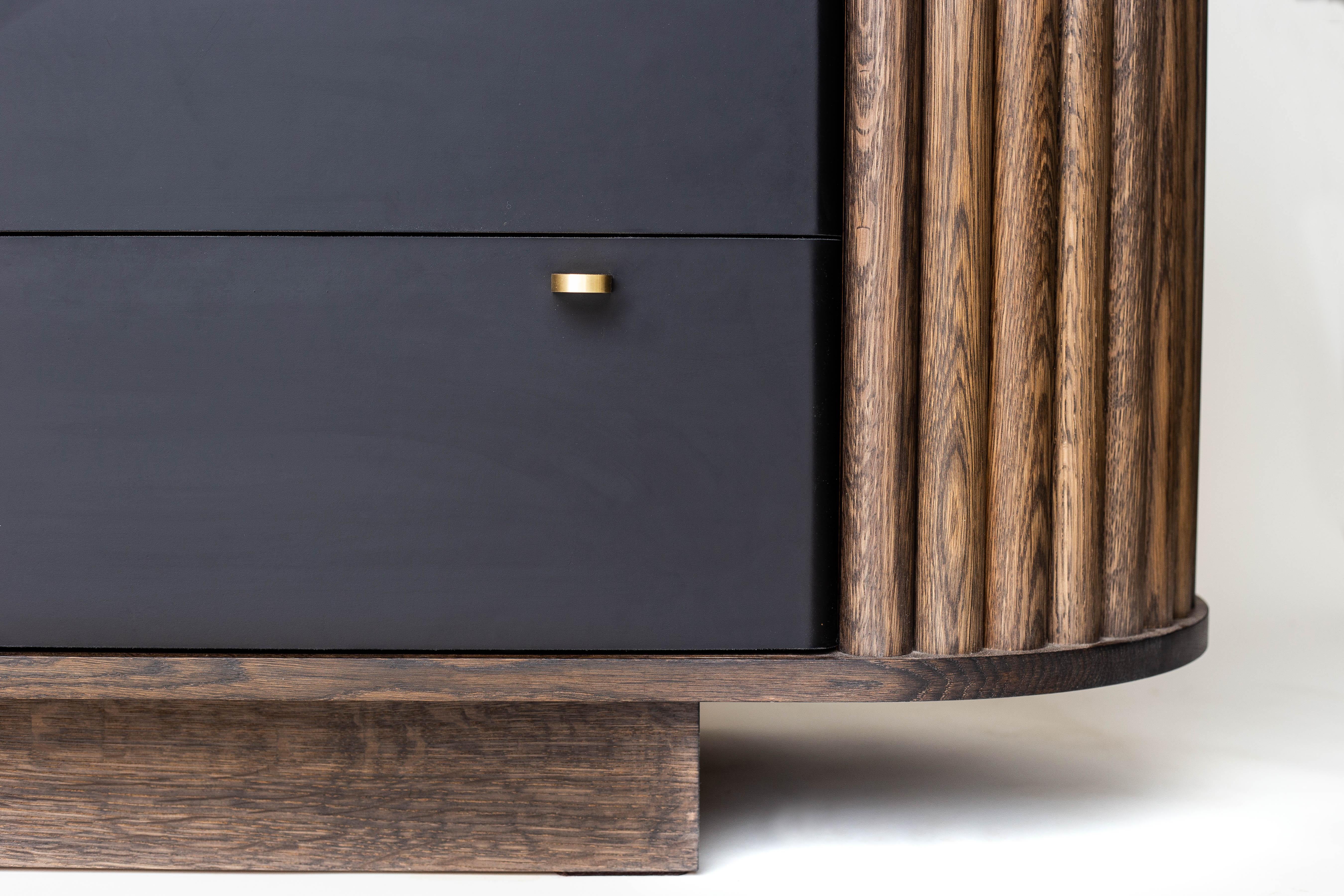 Designed to be noticed and built to last for generations. Our Credenza's strong lines and bold structure are borrowed from the architecture of the Brutalist movement. Solid hardwoods, thick leather and exclusive brass pulls wrap this piece in