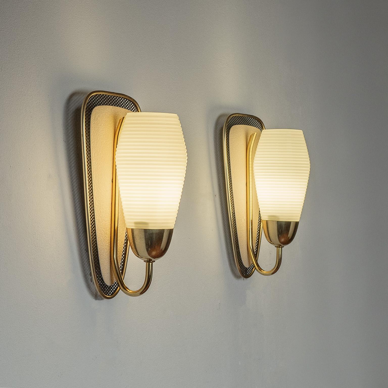 Mid-Century Modern Ribbed Glass and Brass Wall Lights, 1950s