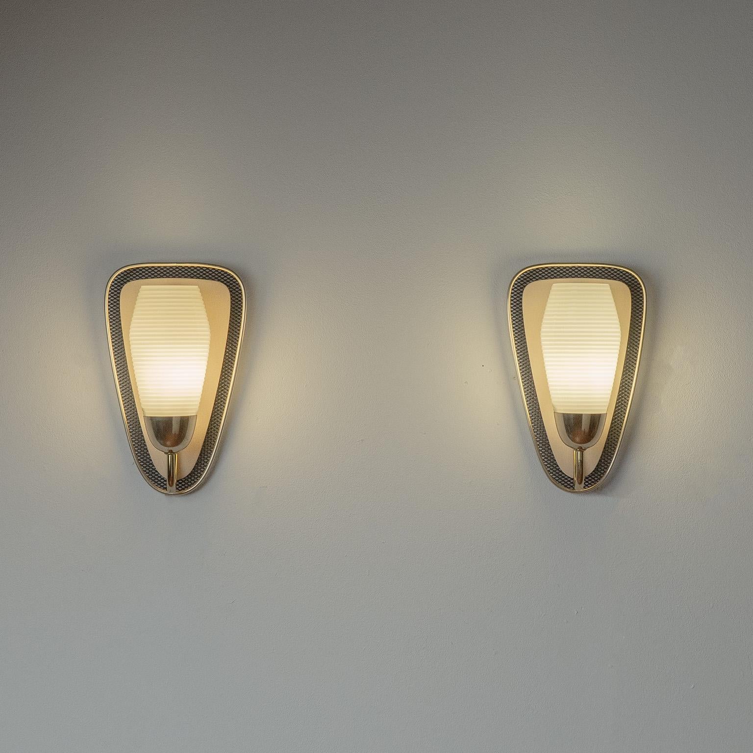 German Ribbed Glass and Brass Wall Lights, 1950s