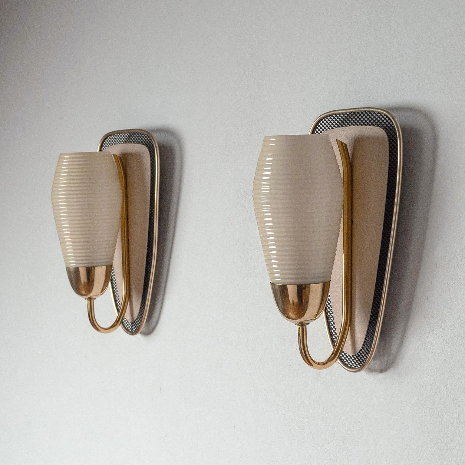Lacquered Ribbed Glass and Brass Wall Lights, 1950s