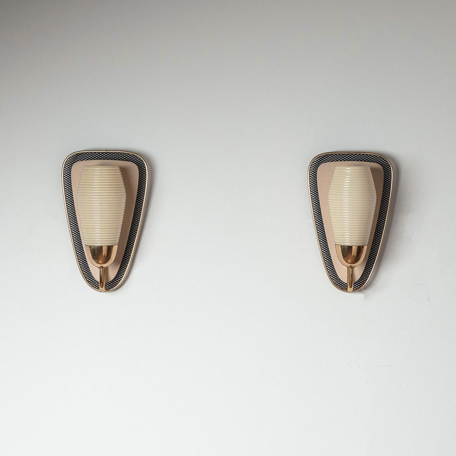 Mid-20th Century Ribbed Glass and Brass Wall Lights, 1950s