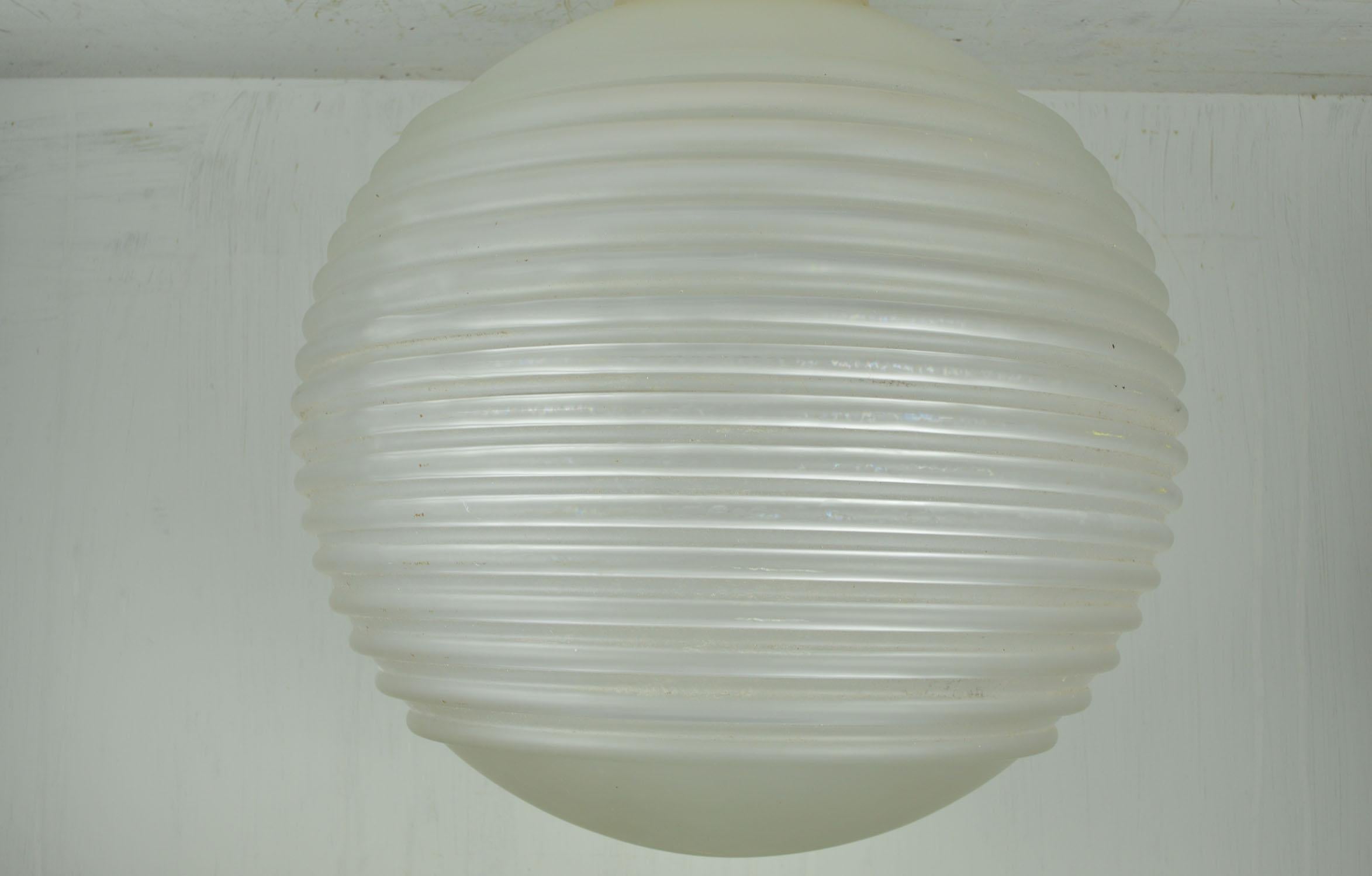 Cast Ribbed Glass Pendant Light Fitting, English, circa 1940