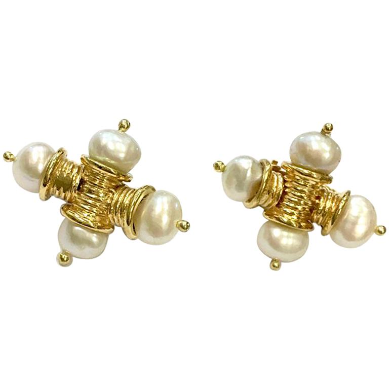 18 Carat Yellow Gold Ribbed Gold and Freshwater Pearl Cross Earrings