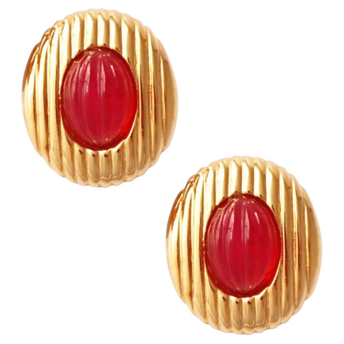 Ribbed Gold and Ruby Glass Earrings By Valentino, 1980s