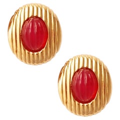 Ribbed Gold and Ruby Glass Earrings By Valentino, 1980s