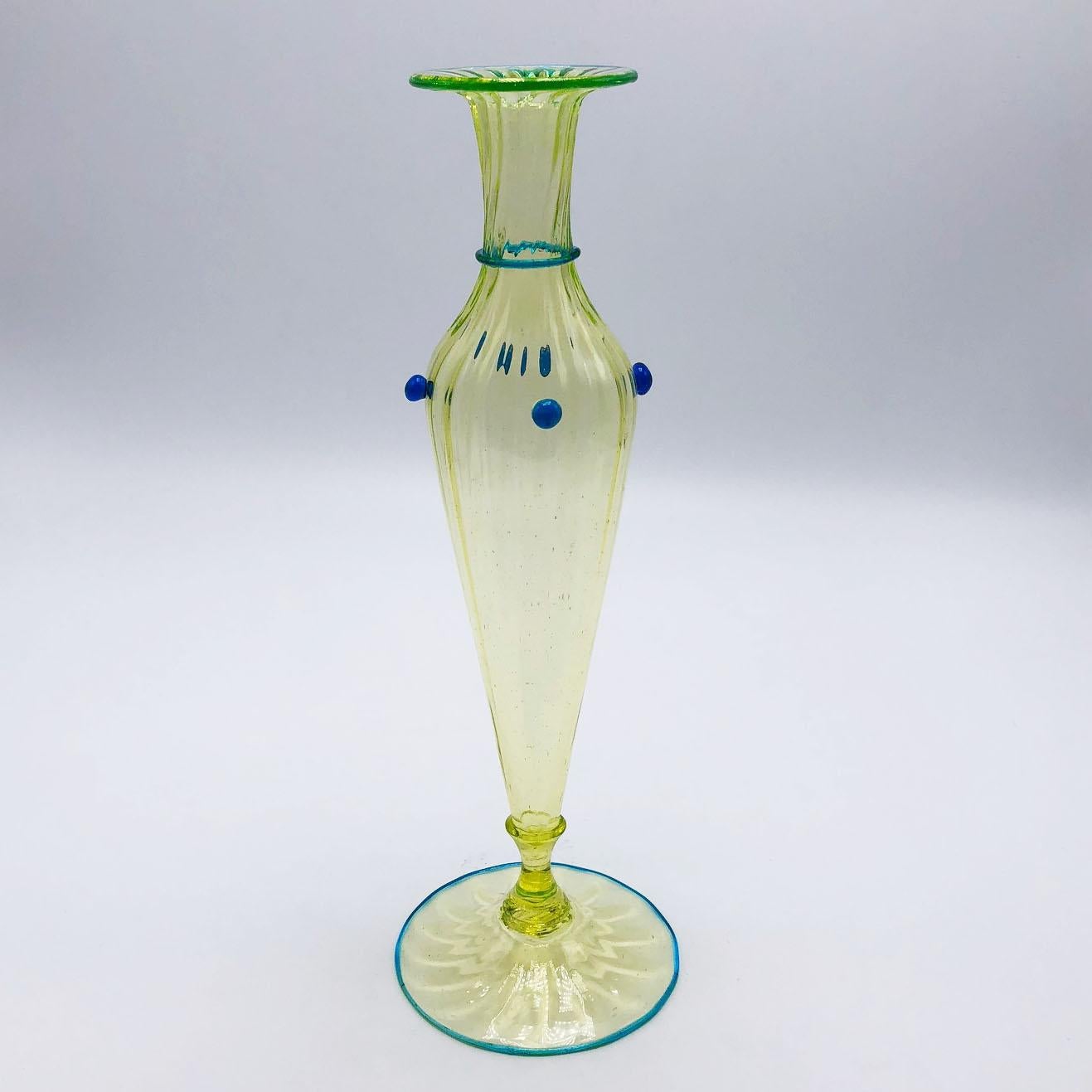 French Ribbed Murano Glass Vase with Bud Detailing by Salviati, circa 1910