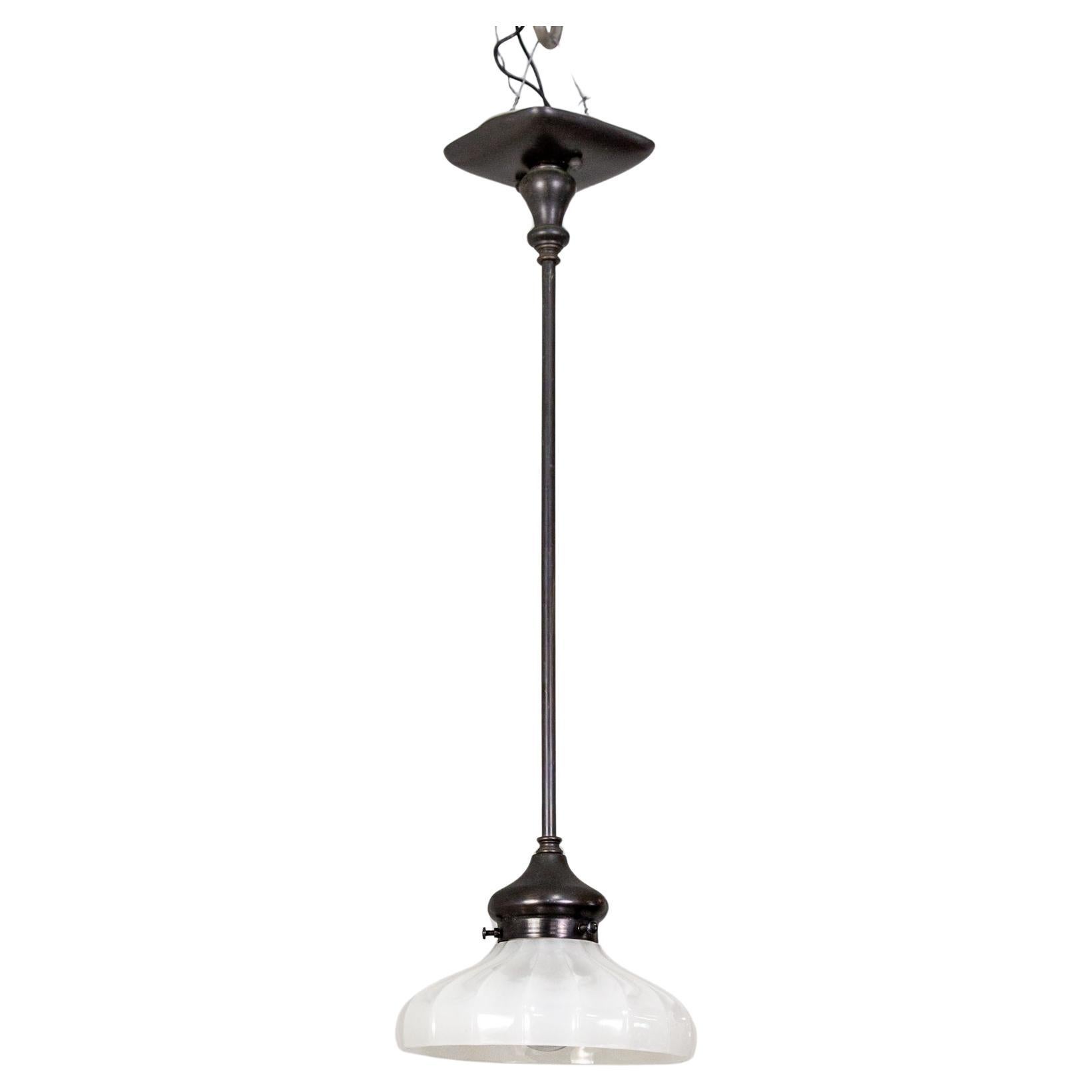 Ribbed Opaline Glass Pendant Light w/ Black Stem