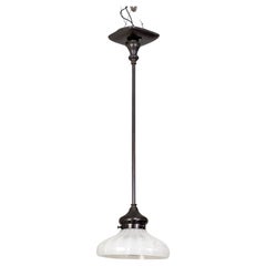 Ribbed Opaline Glass Pendant Light w/ Black Stem