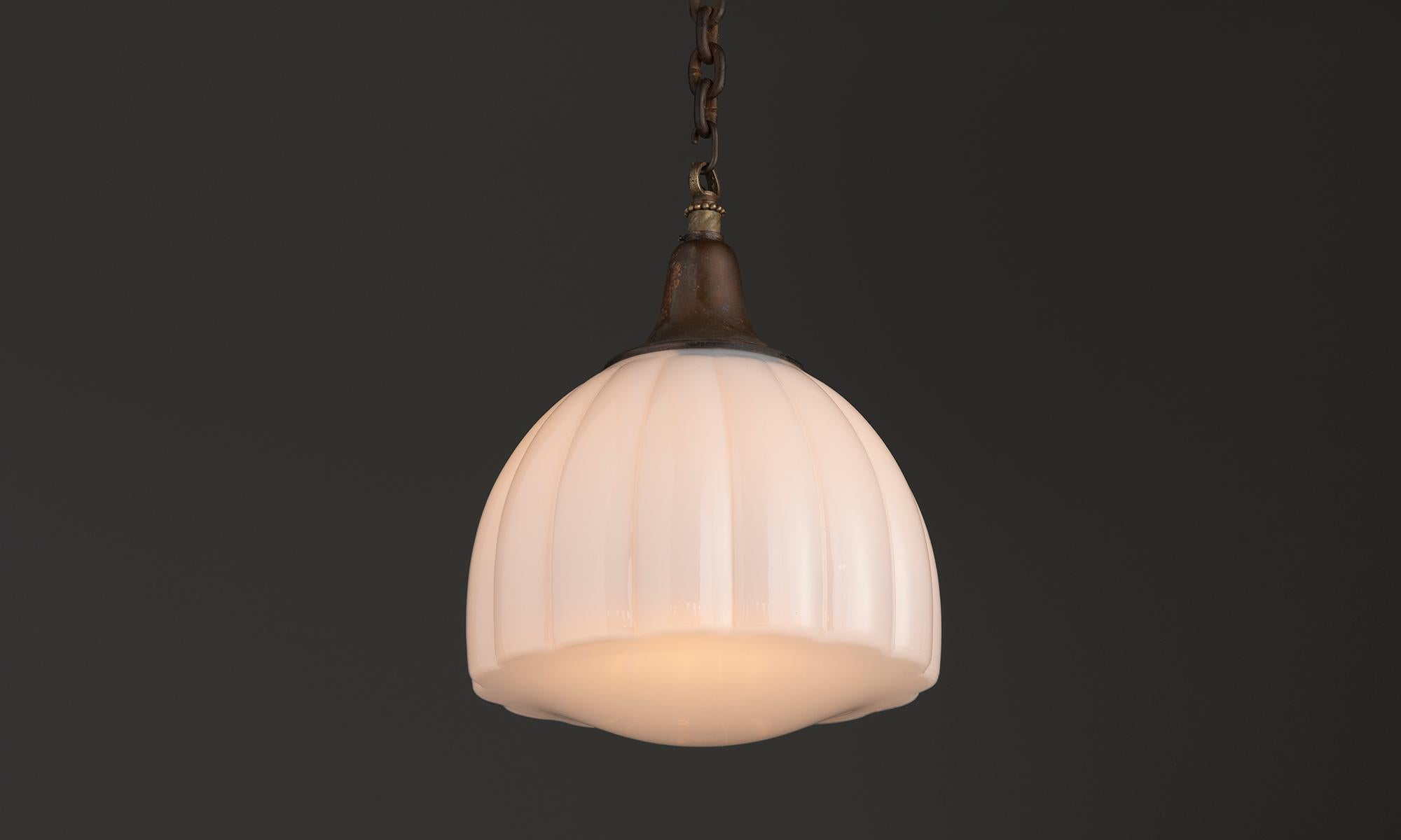 Netherlands, 1920
Ribbed opaline glass shade with brass canopy.
13”dia x 15”h
Ref. L5244
$ 2,100