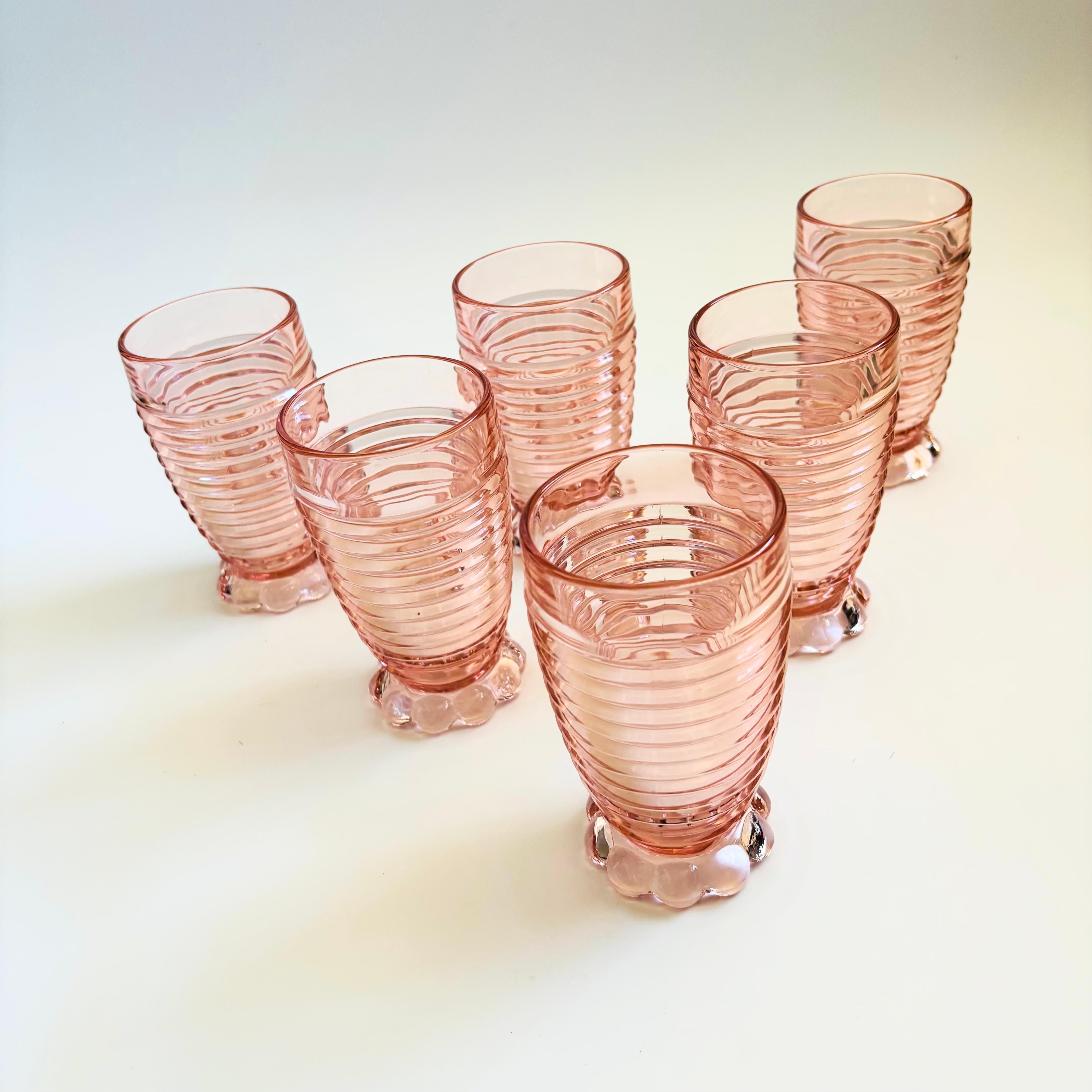 Art Deco Ribbed Pink Tumblers - Manhattan Pink by Anchor Hocking - Set of 6 For Sale
