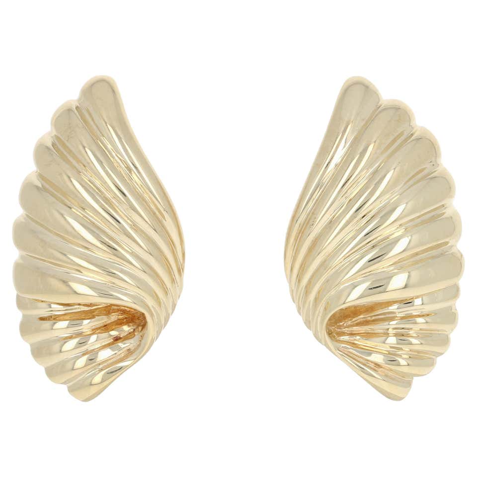 Ribbed Shell Earrings, 14k Yellow Gold Wings Large Pierced Studs For ...