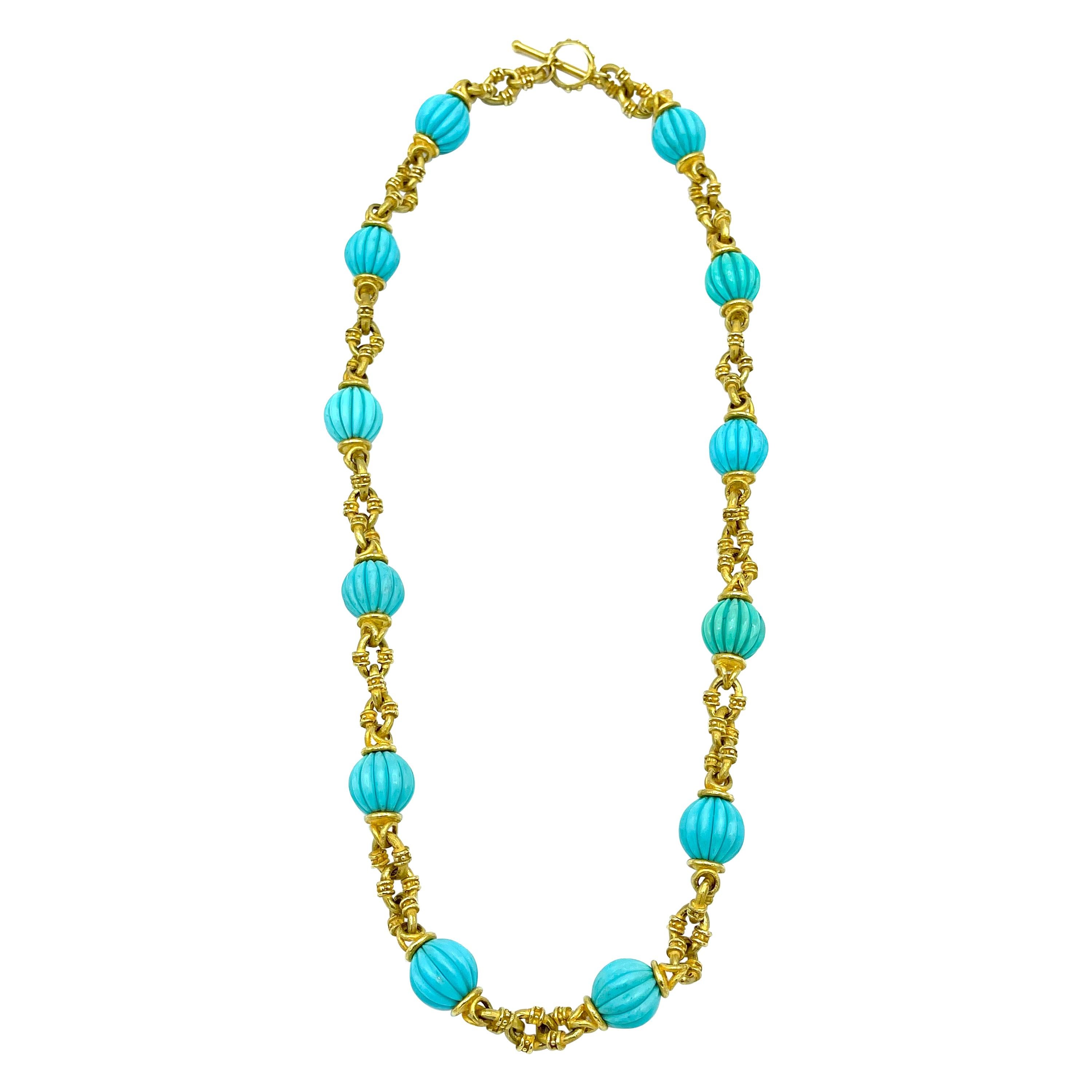 Ribbed Turquoise and 18 Karat Yellow Matte Gold Necklace For Sale