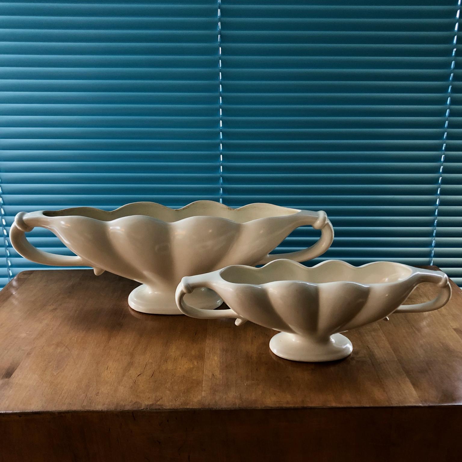 Ribbed white ivory glazed flower arranging vase, as designed in the 1930s by Constance Spry, made by the Fulham Pottery, circa 1950s, UK, printed marks underneath.