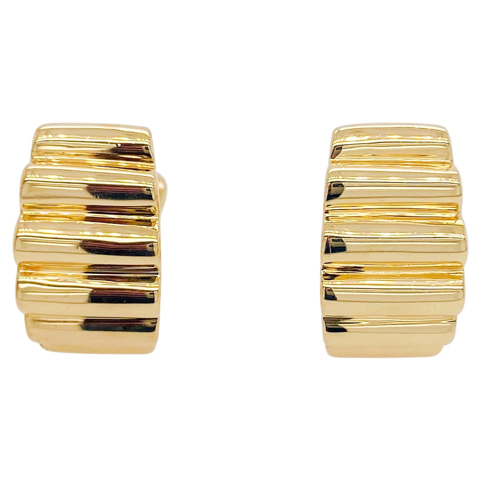 Ribbed Wide Earrings, 14K Yellow Gold with Hinged Omega Backs, 20 x 11 mm