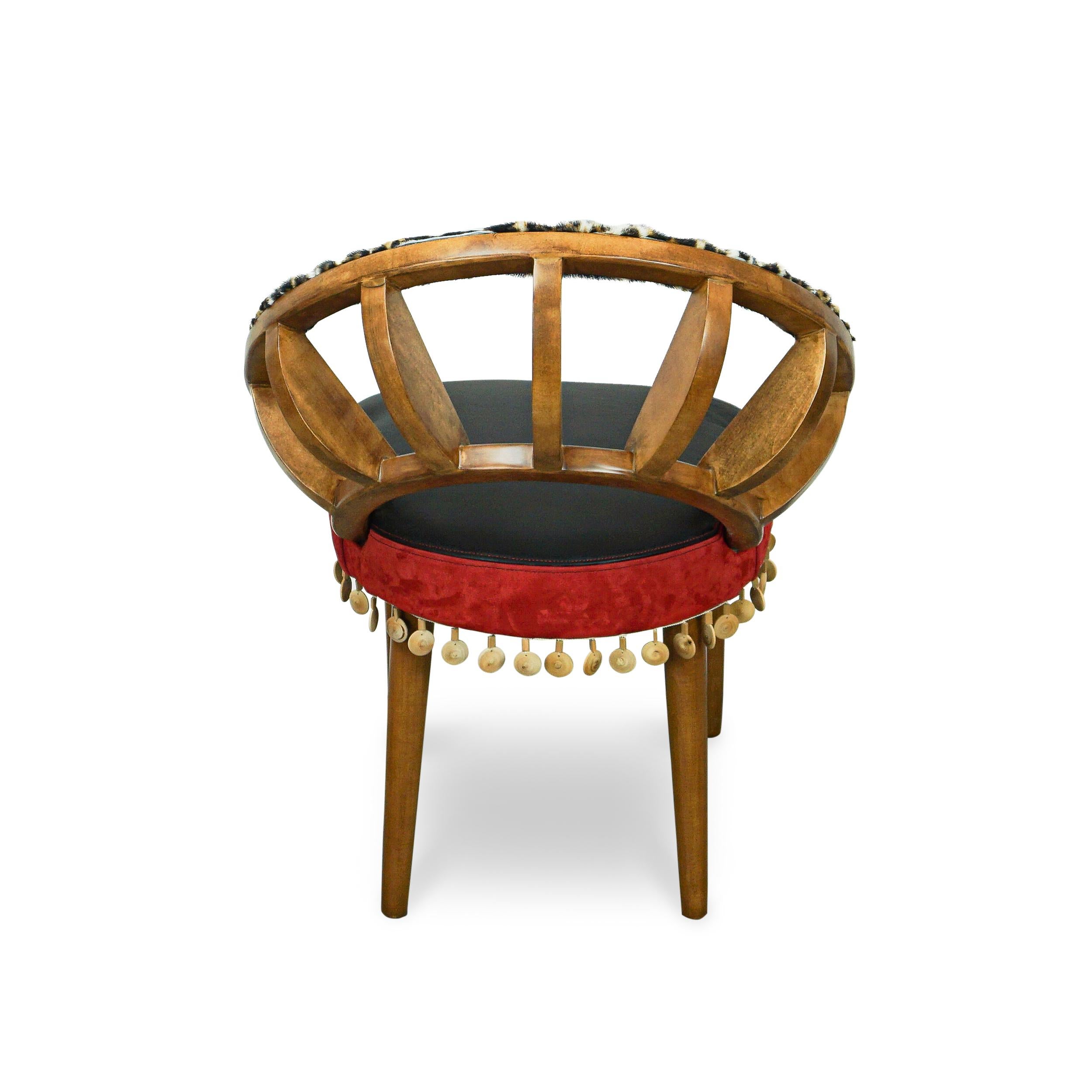 Ribbed Wood Chair with Cheetah Hair on Hide, Red + Black Leather and Wood Bead For Sale 2