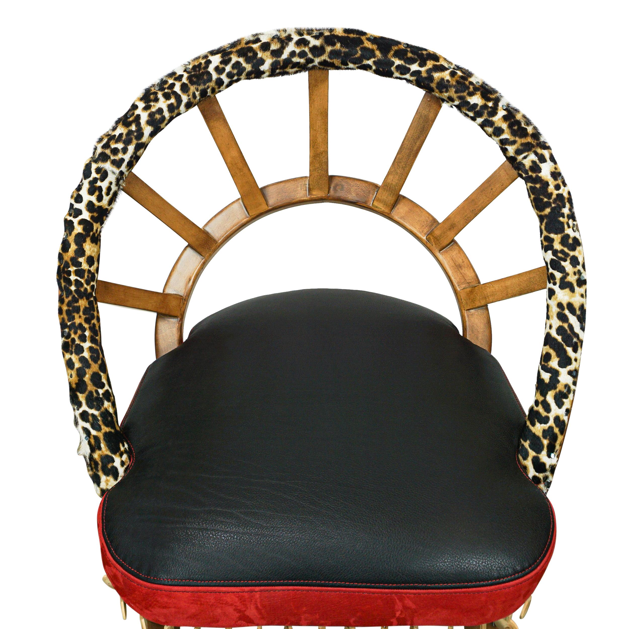 Ribbed Wood Chair with Cheetah Hair on Hide, Red + Black Leather and Wood Bead For Sale 3