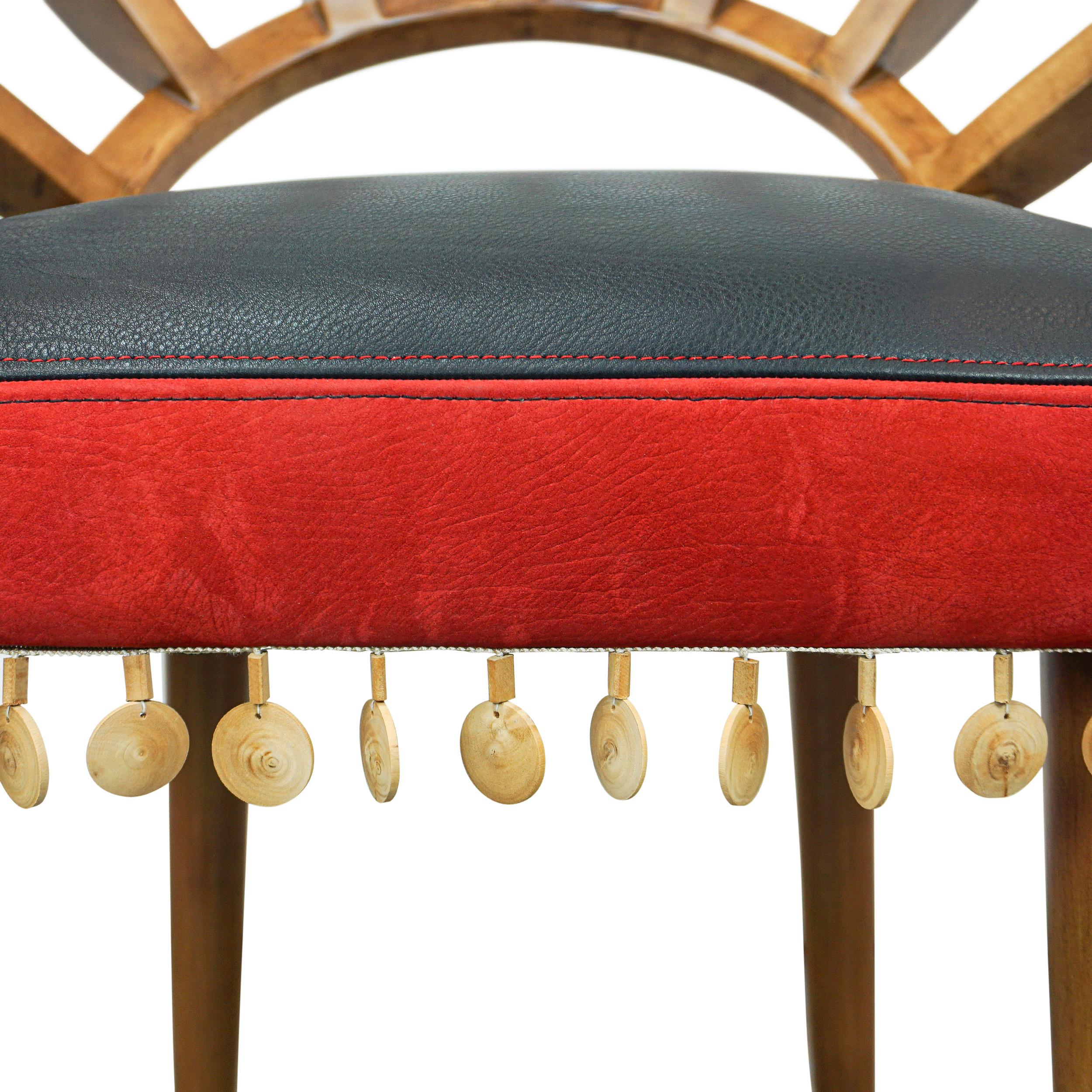 Ribbed Wood Chair with Cheetah Hair on Hide, Red + Black Leather and Wood Bead For Sale 5