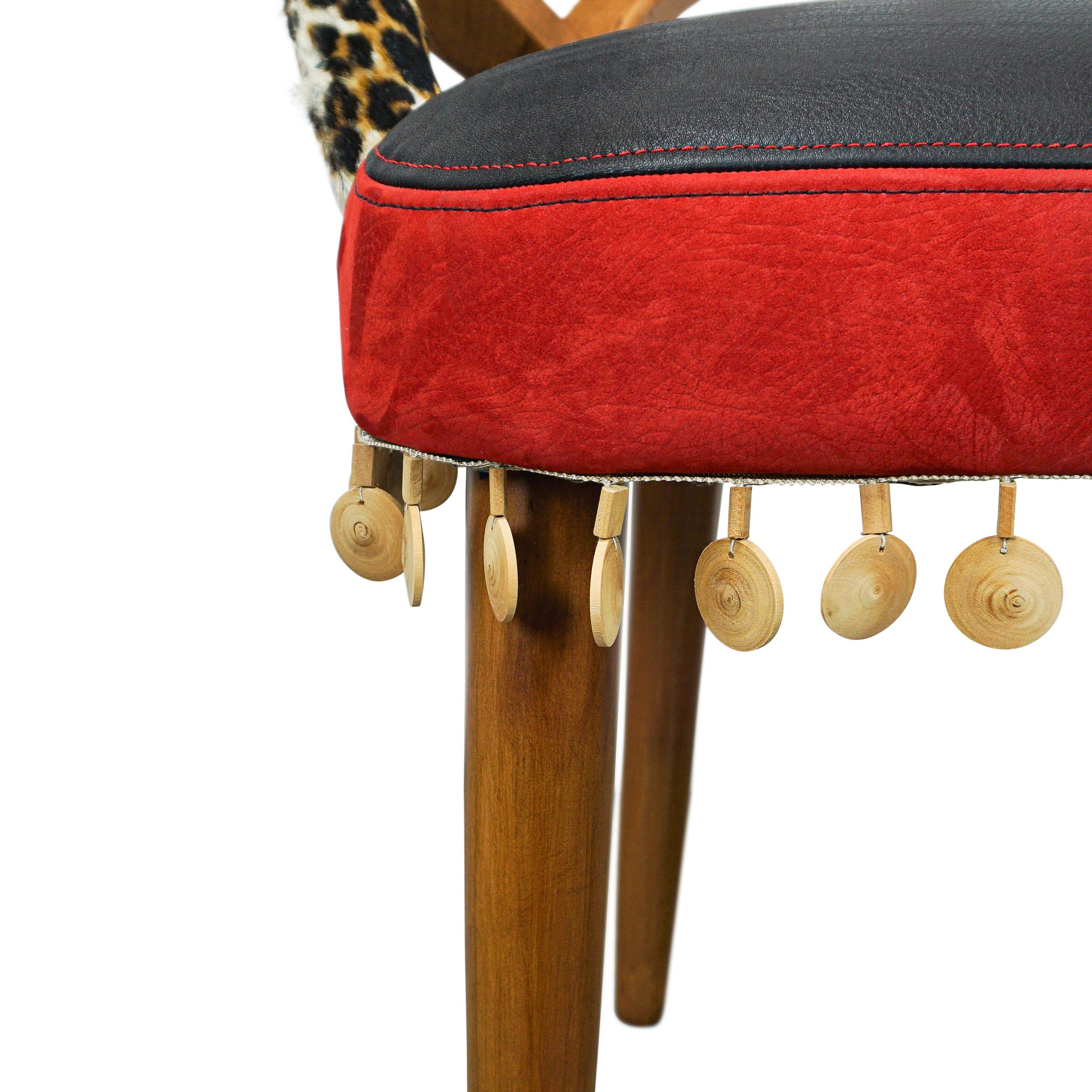Ribbed Wood Chair with Cheetah Hair on Hide, Red + Black Leather and Wood Bead For Sale 6