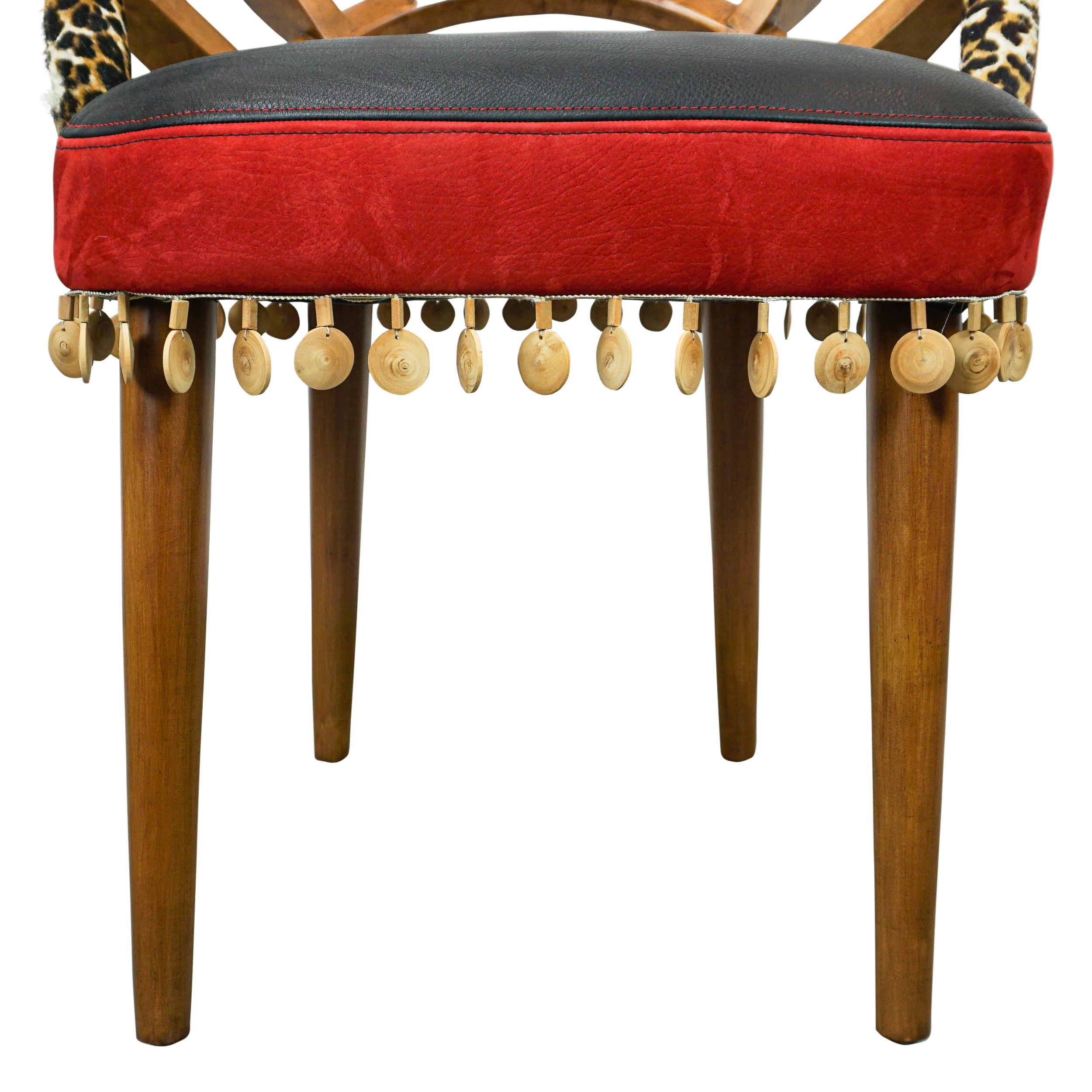 Ribbed Wood Chair with Cheetah Hair on Hide, Red + Black Leather and Wood Bead For Sale 7