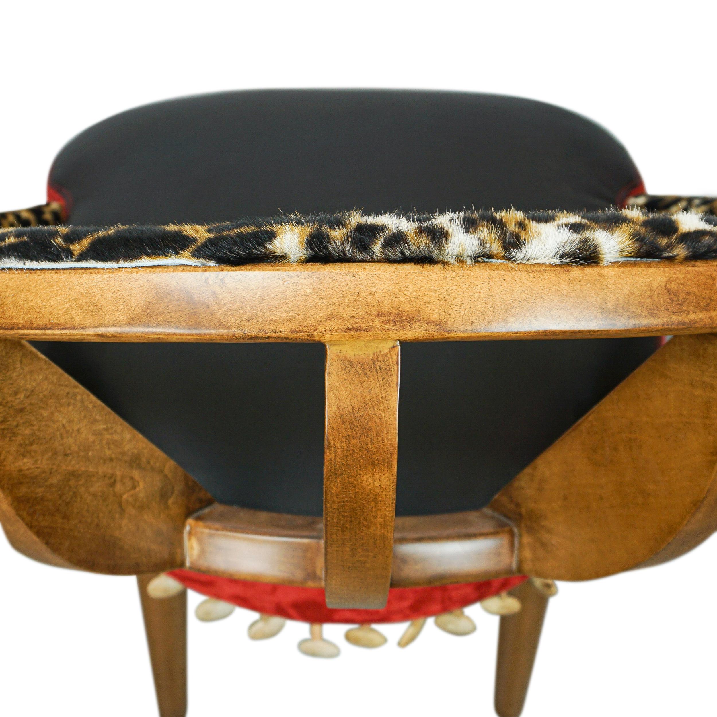 Ribbed Wood Chair with Cheetah Hair on Hide, Red + Black Leather and Wood Bead For Sale 8