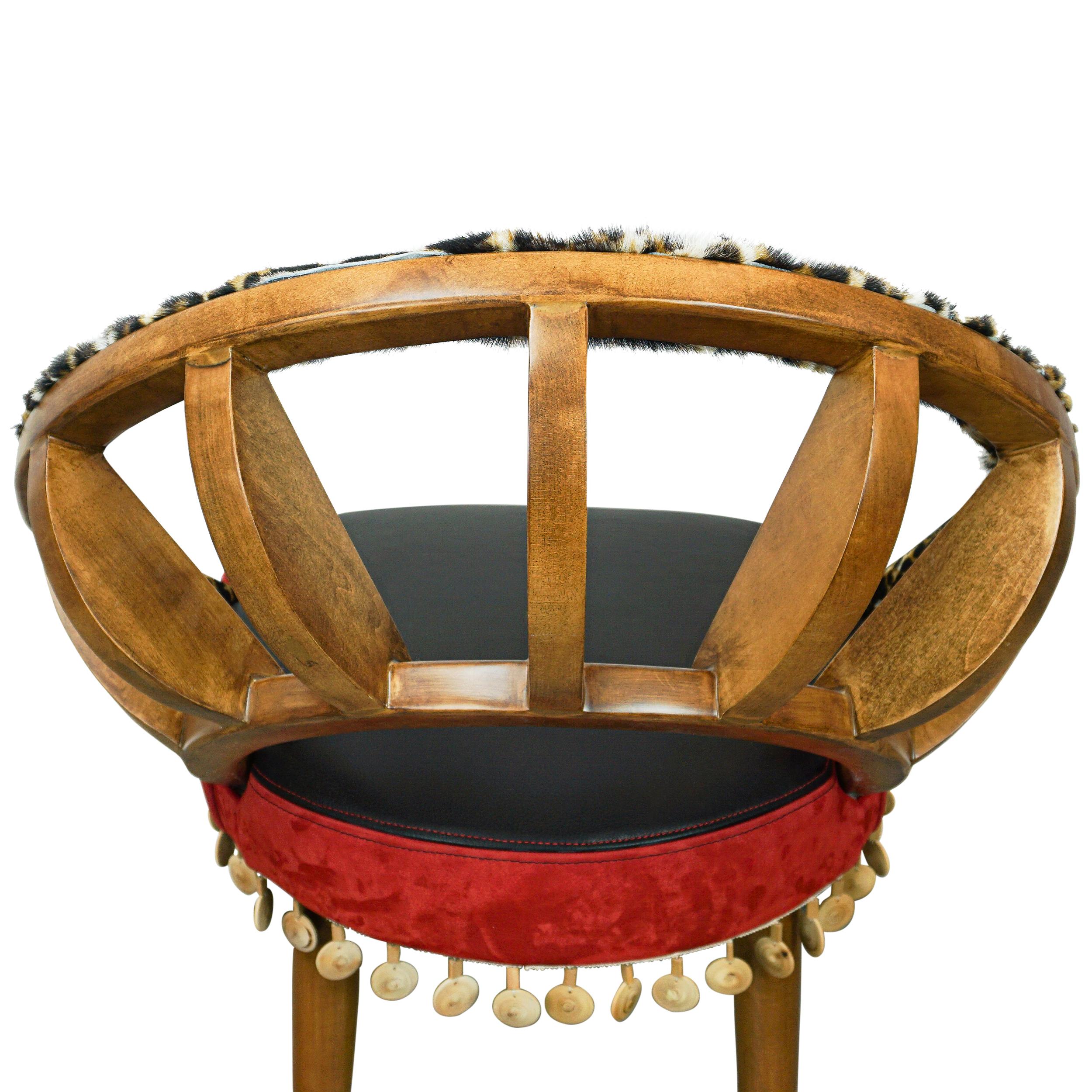 Ribbed Wood Chair with Cheetah Hair on Hide, Red + Black Leather and Wood Bead For Sale 9