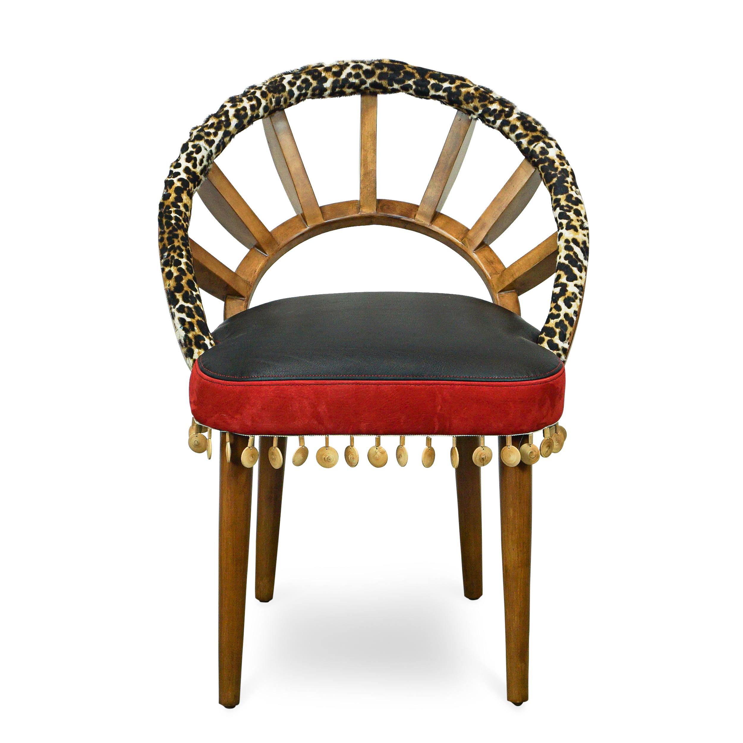 Modern Ribbed Wood Chair with Cheetah Hair on Hide, Red + Black Leather and Wood Bead For Sale