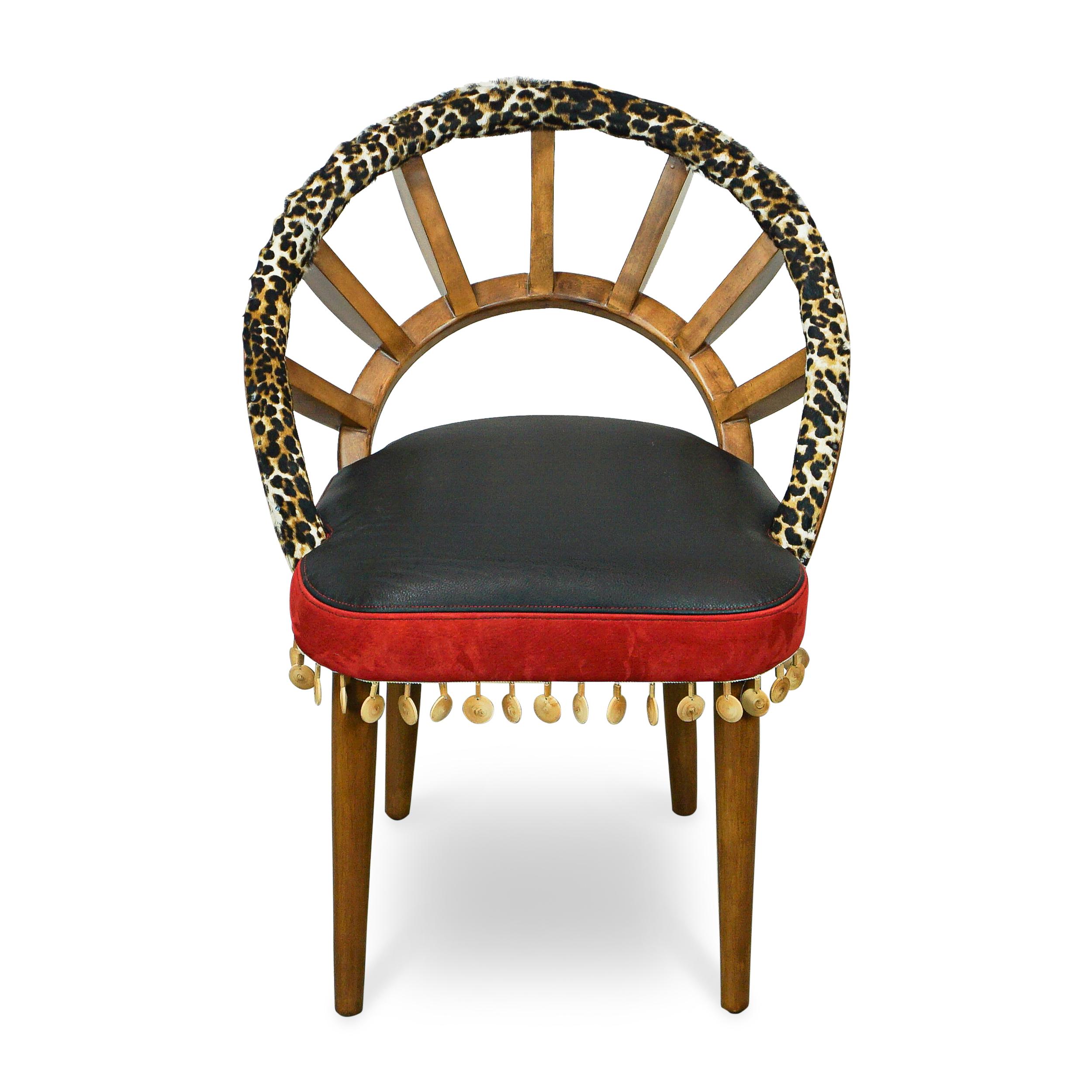 American Ribbed Wood Chair with Cheetah Hair on Hide, Red + Black Leather and Wood Bead For Sale