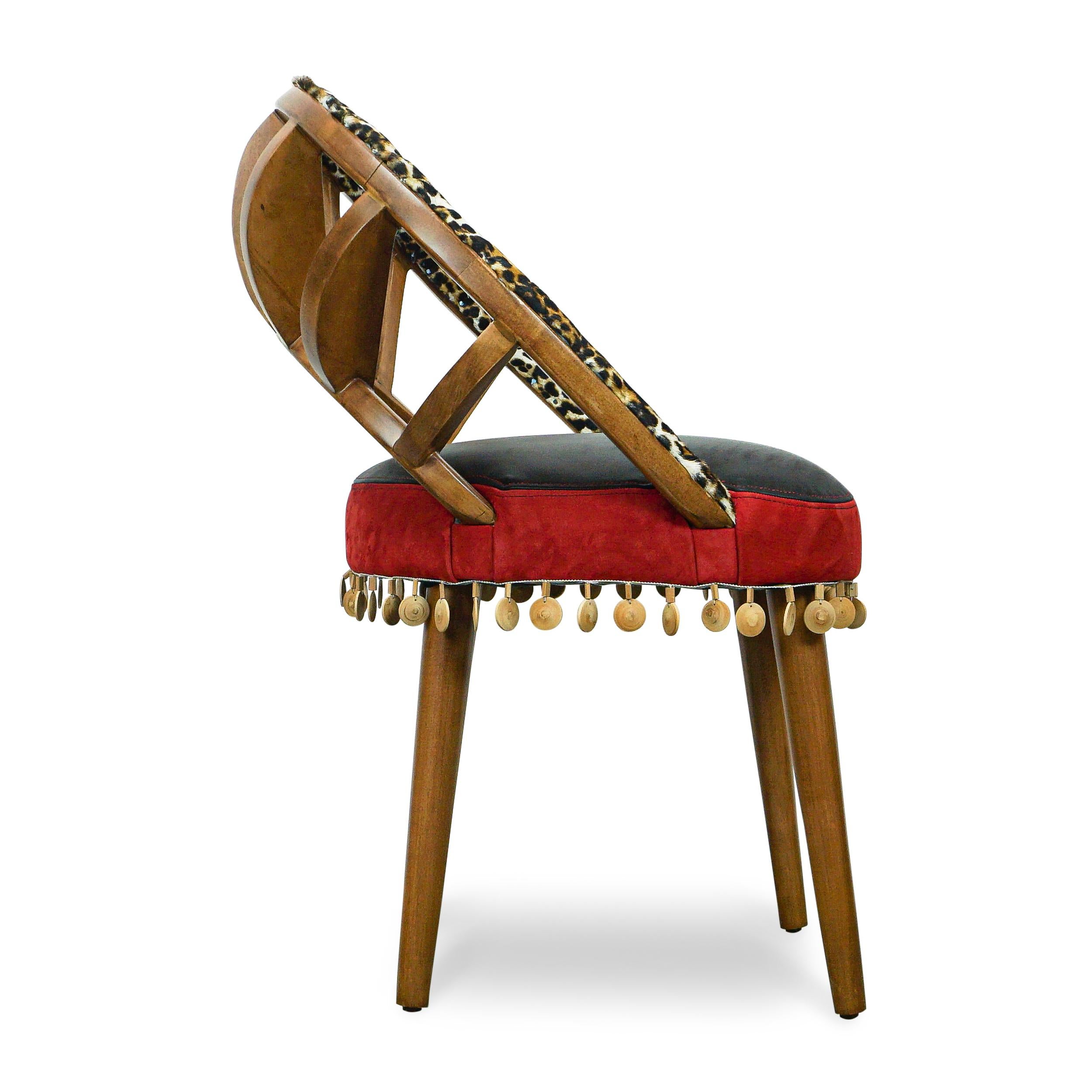 Stained Ribbed Wood Chair with Cheetah Hair on Hide, Red + Black Leather and Wood Bead For Sale