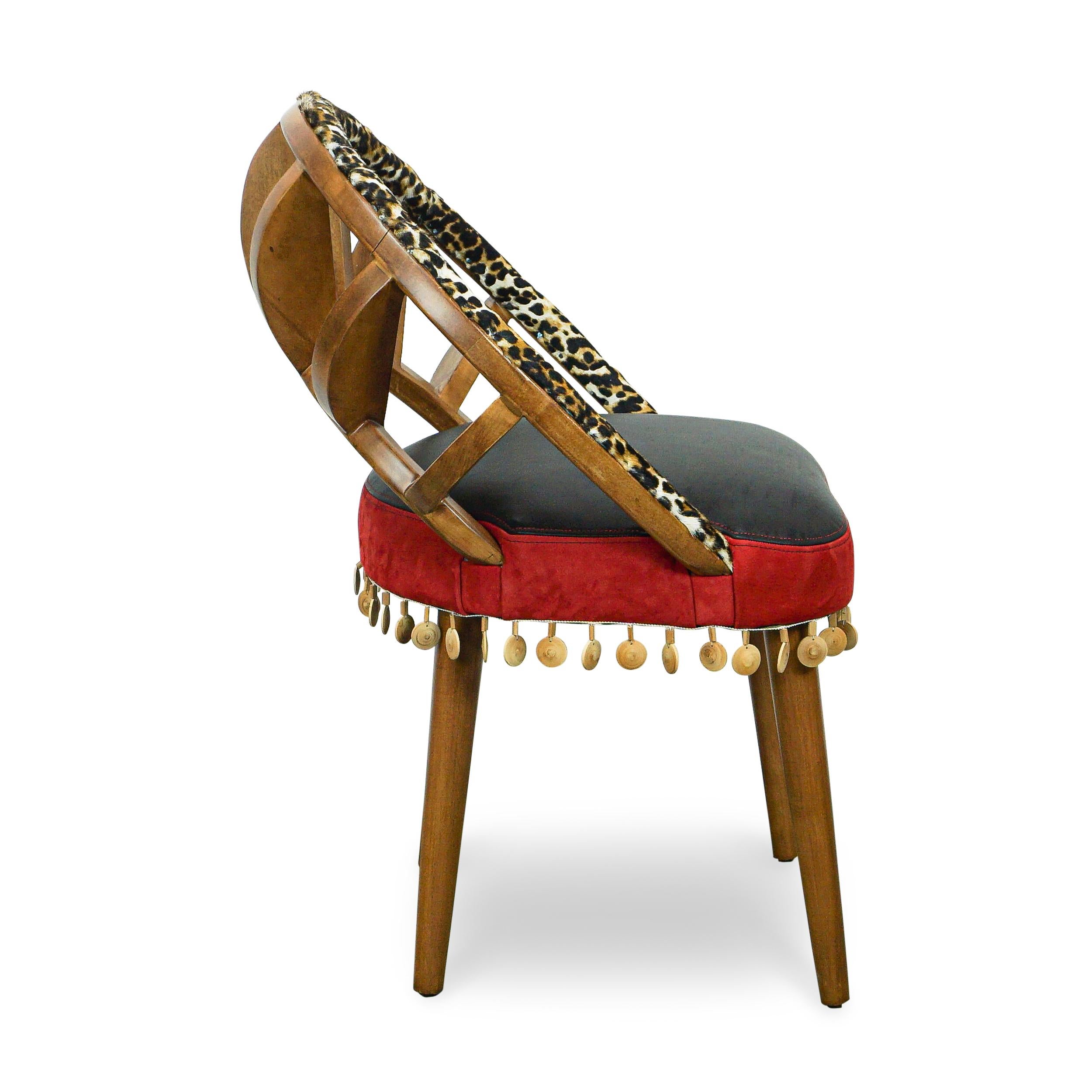 Ribbed Wood Chair with Cheetah Hair on Hide, Red + Black Leather and Wood Bead In New Condition For Sale In Greenwich, CT