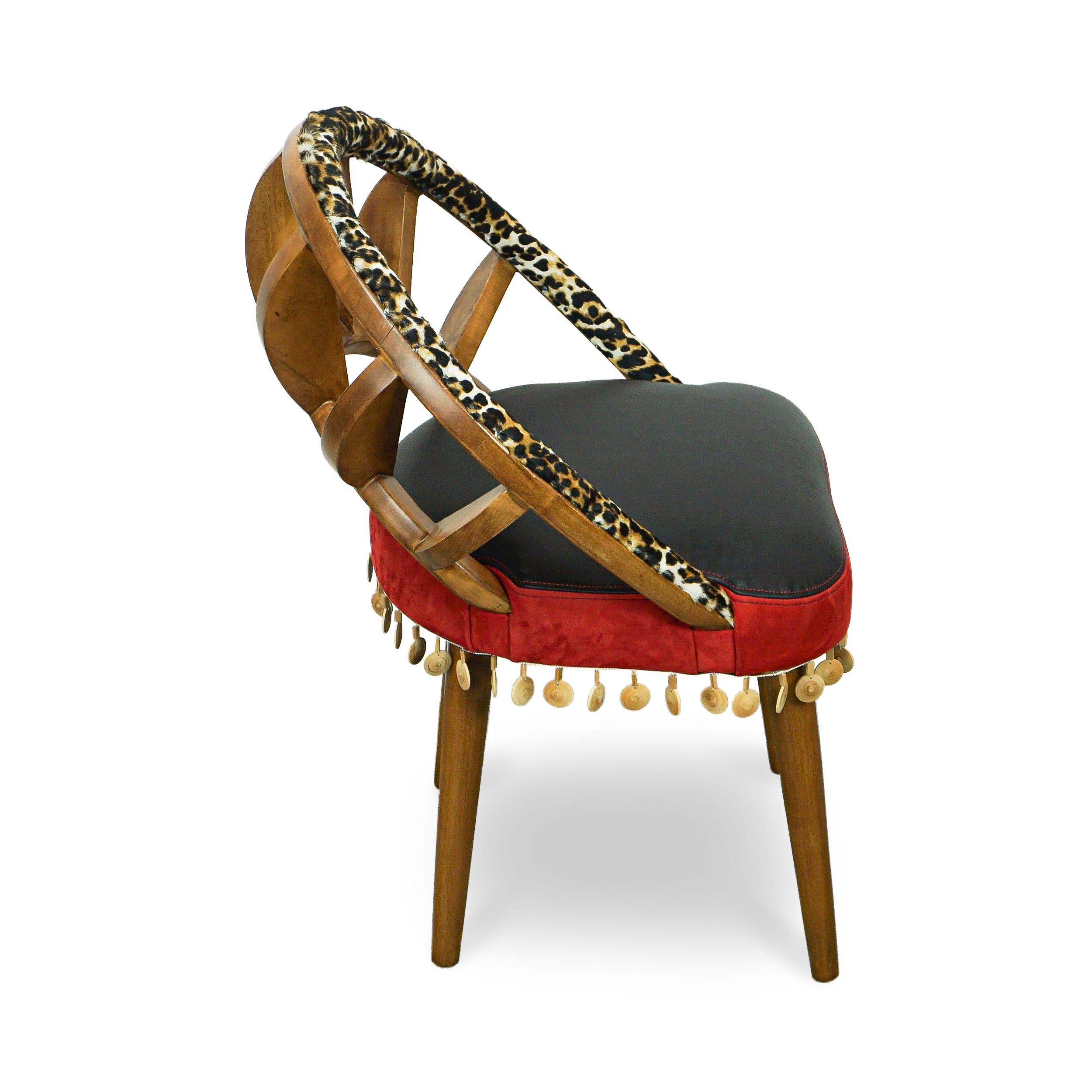 Contemporary Ribbed Wood Chair with Cheetah Hair on Hide, Red + Black Leather and Wood Bead For Sale