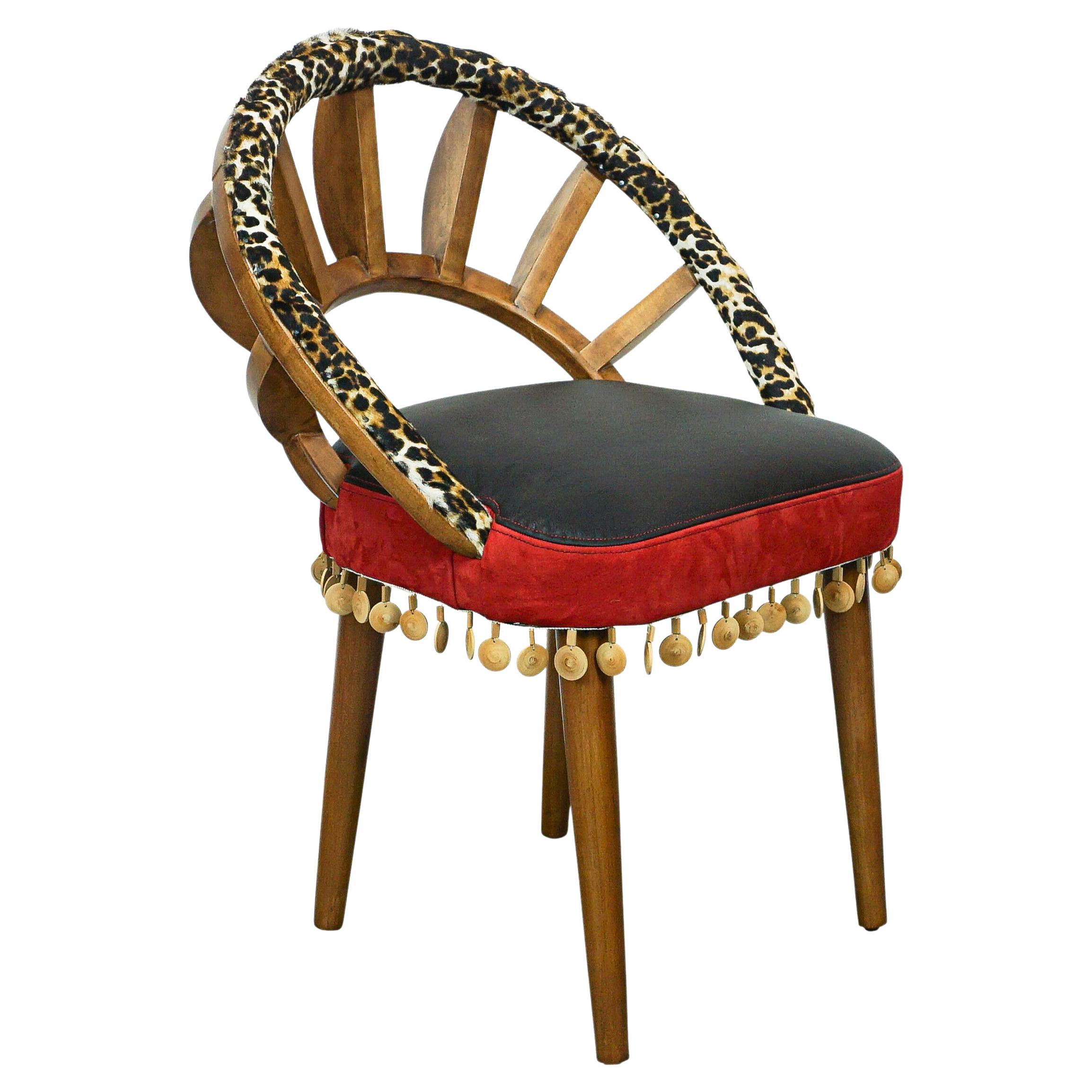 Ribbed Wood Chair with Cheetah Hair on Hide, Red + Black Leather and Wood Bead For Sale