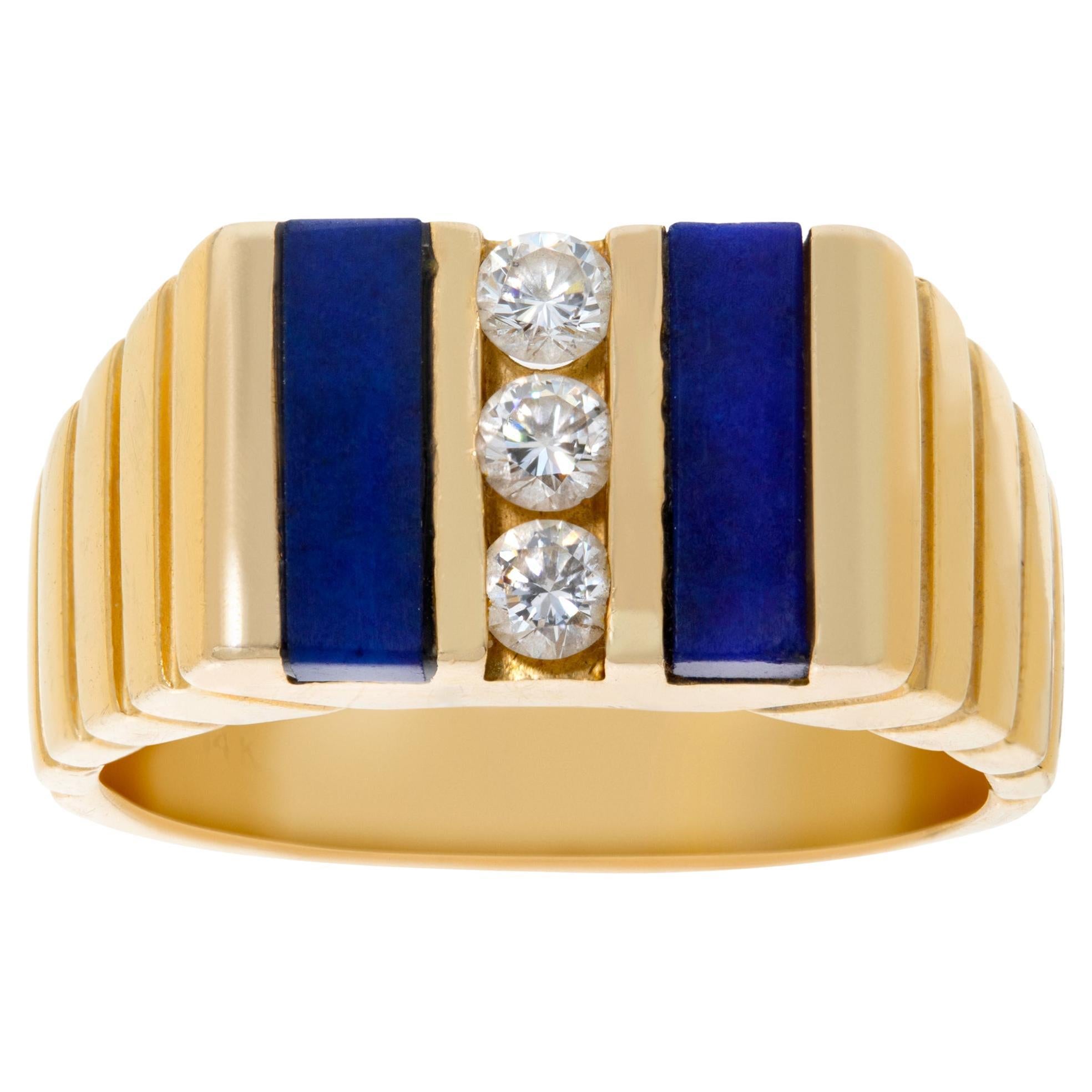 Ribbed yellow gold ring with 3 channel set diamonds & lapiz lazuli accents.